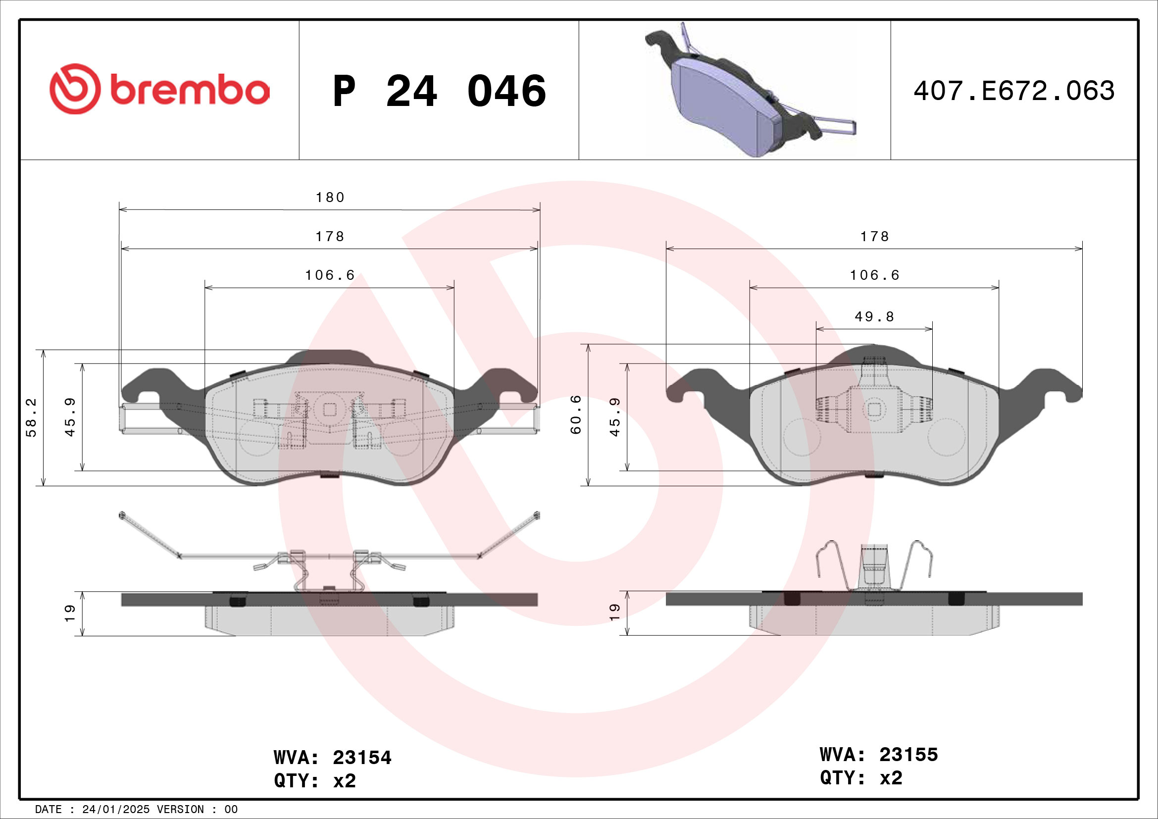 Jeu de 4 plaquettes de frein BREMBO ref. P 24 046