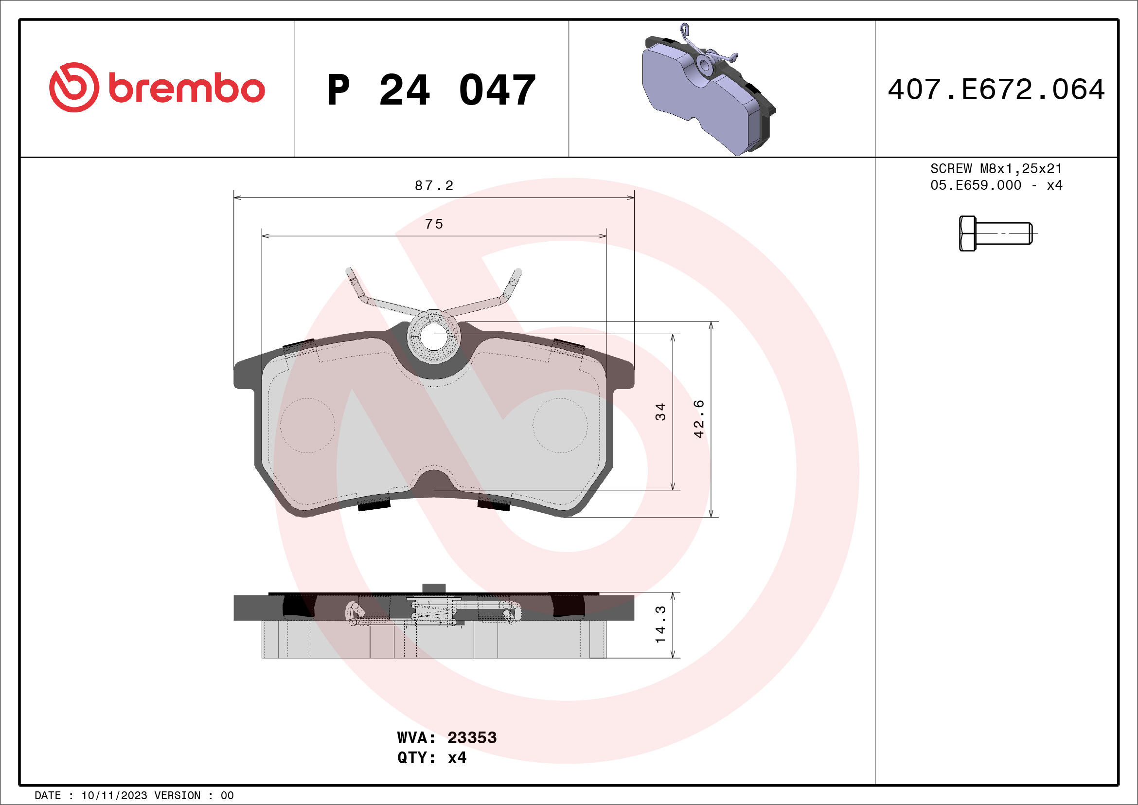 Jogo de 4 pastilhas de travão BREMBO ref. P 24 047