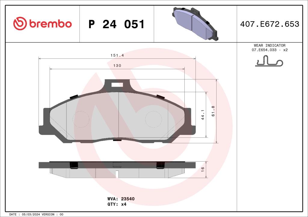 Jogo de 4 pastilhas de travão BREMBO ref. P 24 051