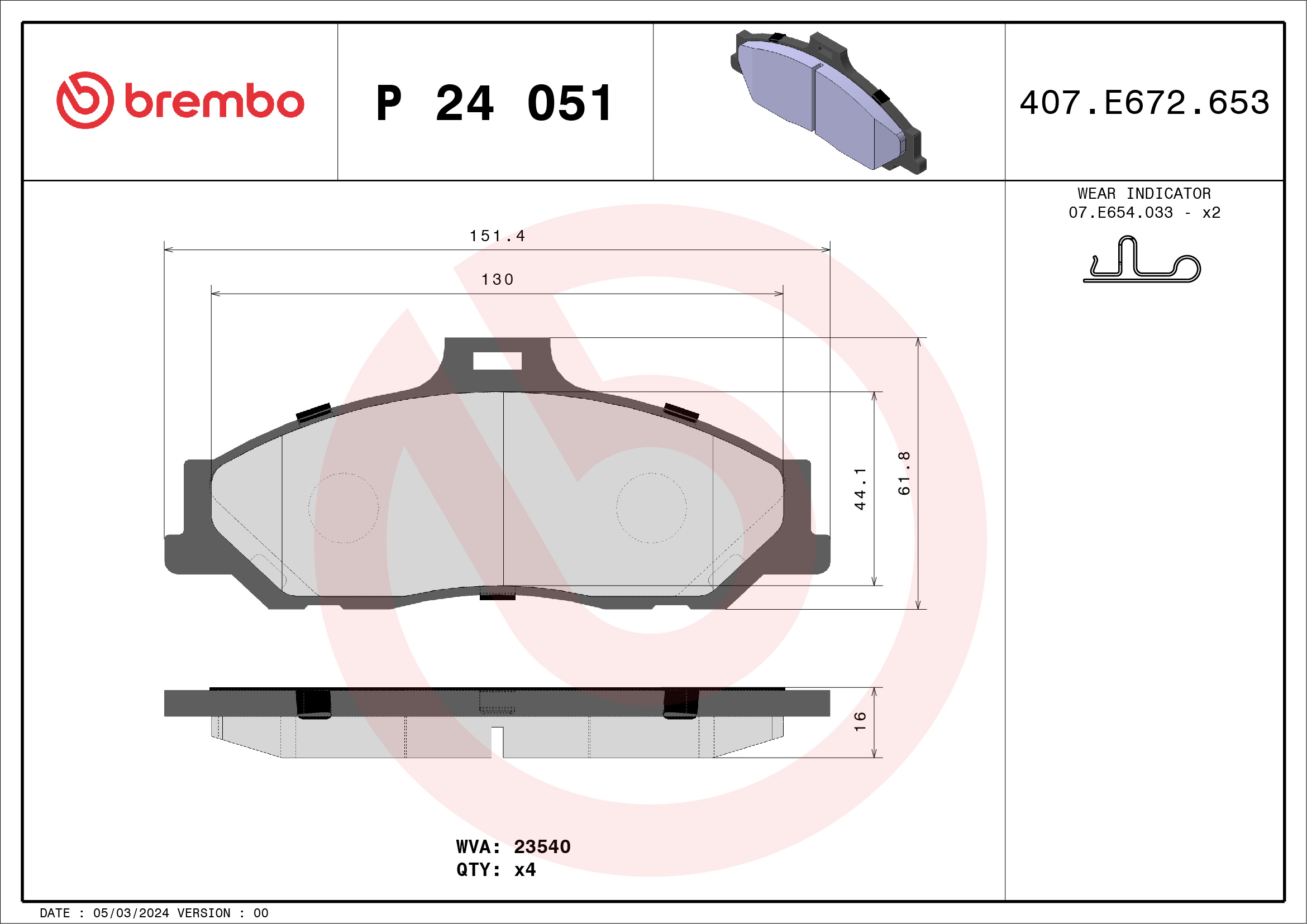 Jogo de 4 pastilhas de travão BREMBO ref. P 24 051