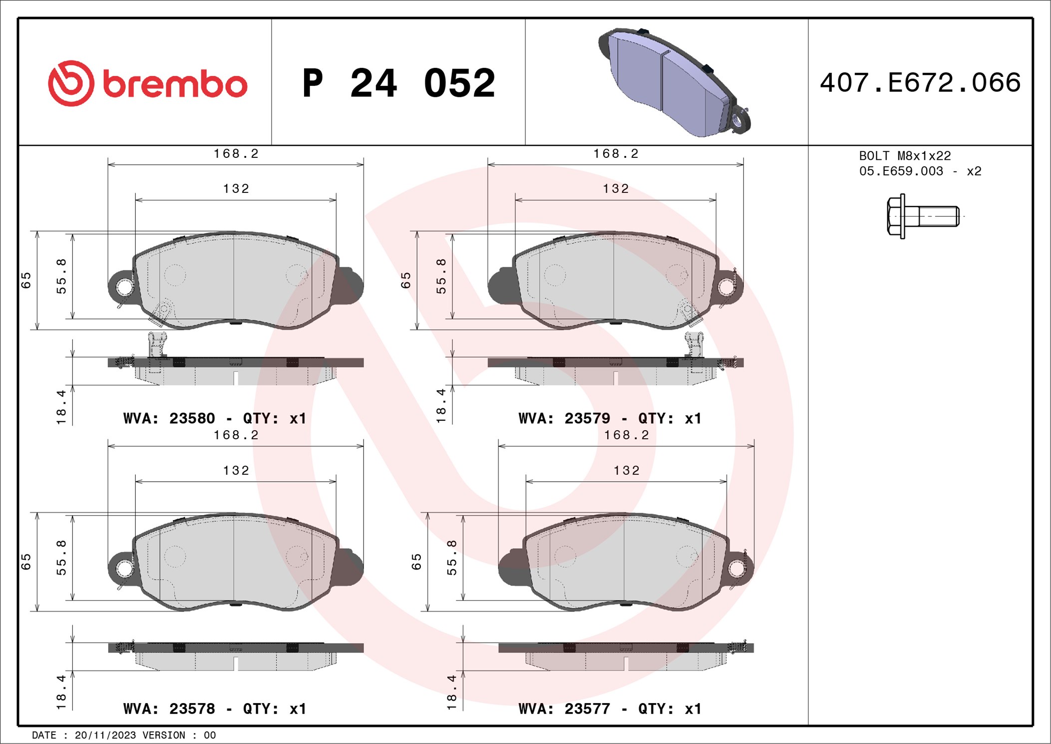 Jogo de 4 pastilhas de travão BREMBO ref. P 24 052