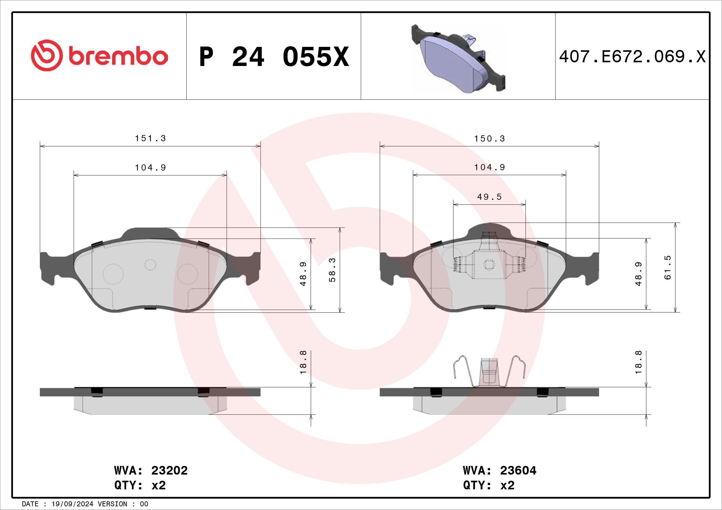 Jogo de 4 pastilhas de travão BREMBO ref. P 24 055X