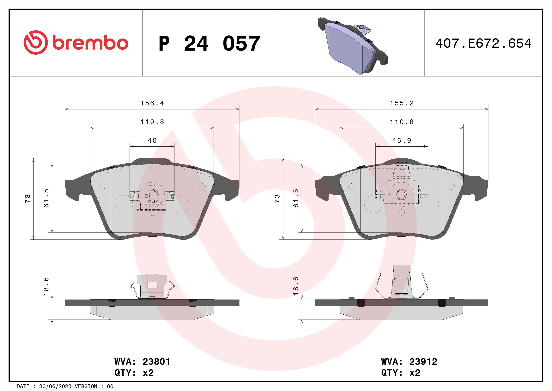 Jeu de 4 plaquettes de frein BREMBO ref. P 24 057