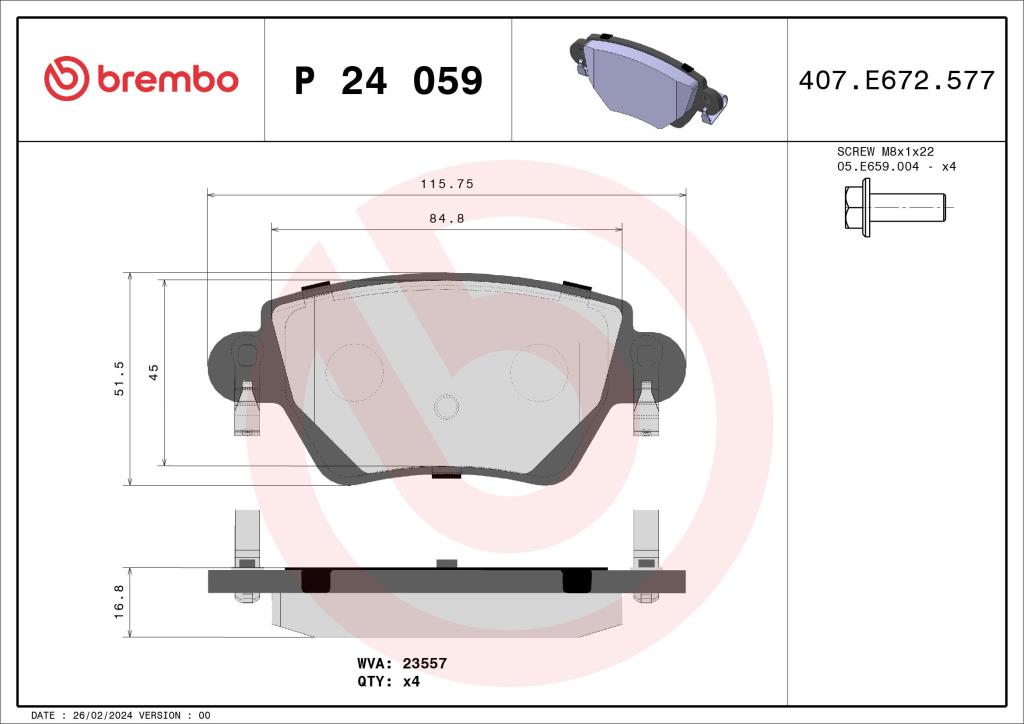 Jeu de 4 plaquettes de frein BREMBO ref. P 24 059