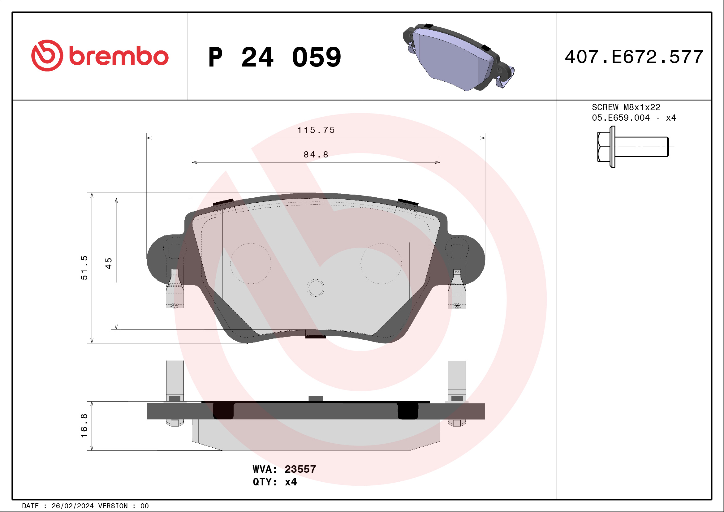 Jeu de 4 plaquettes de frein BREMBO ref. P 24 059