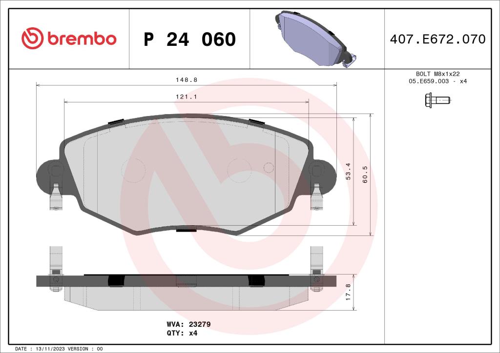 Jogo de 4 pastilhas de travão BREMBO ref. P 24 060