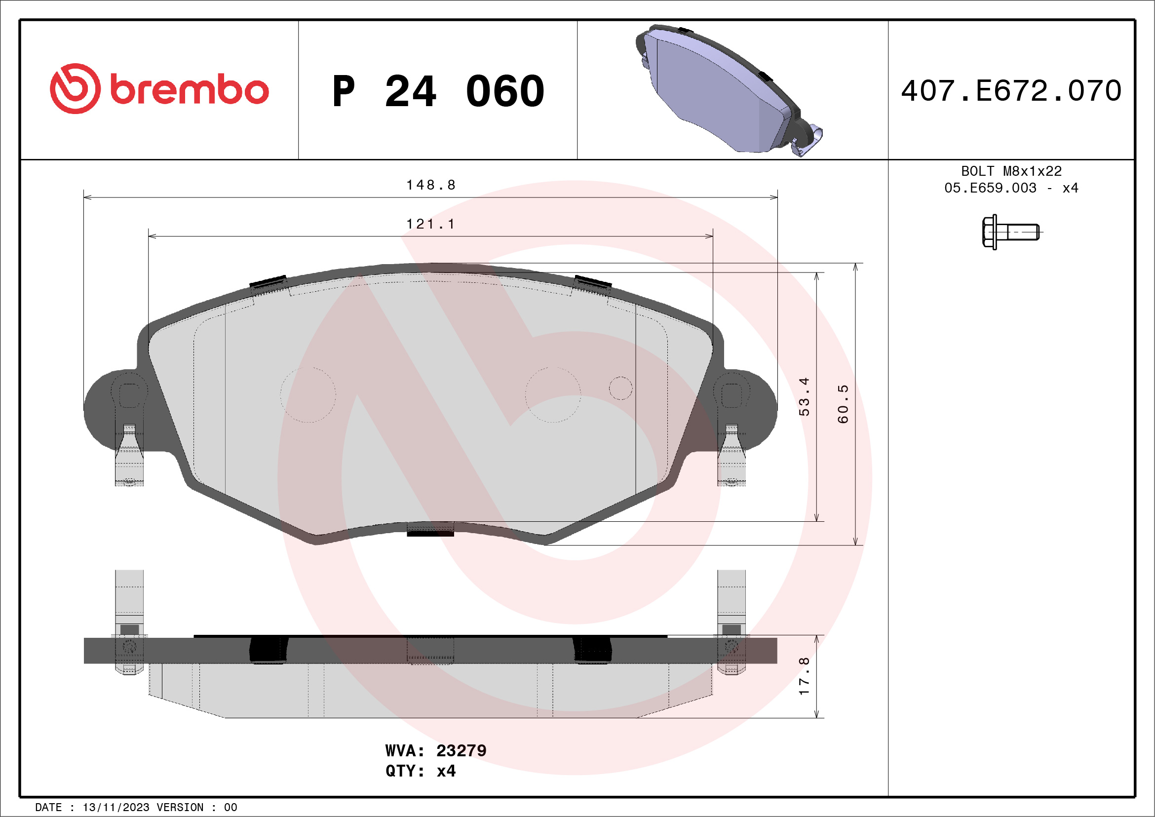 Jogo de 4 pastilhas de travão BREMBO ref. P 24 060