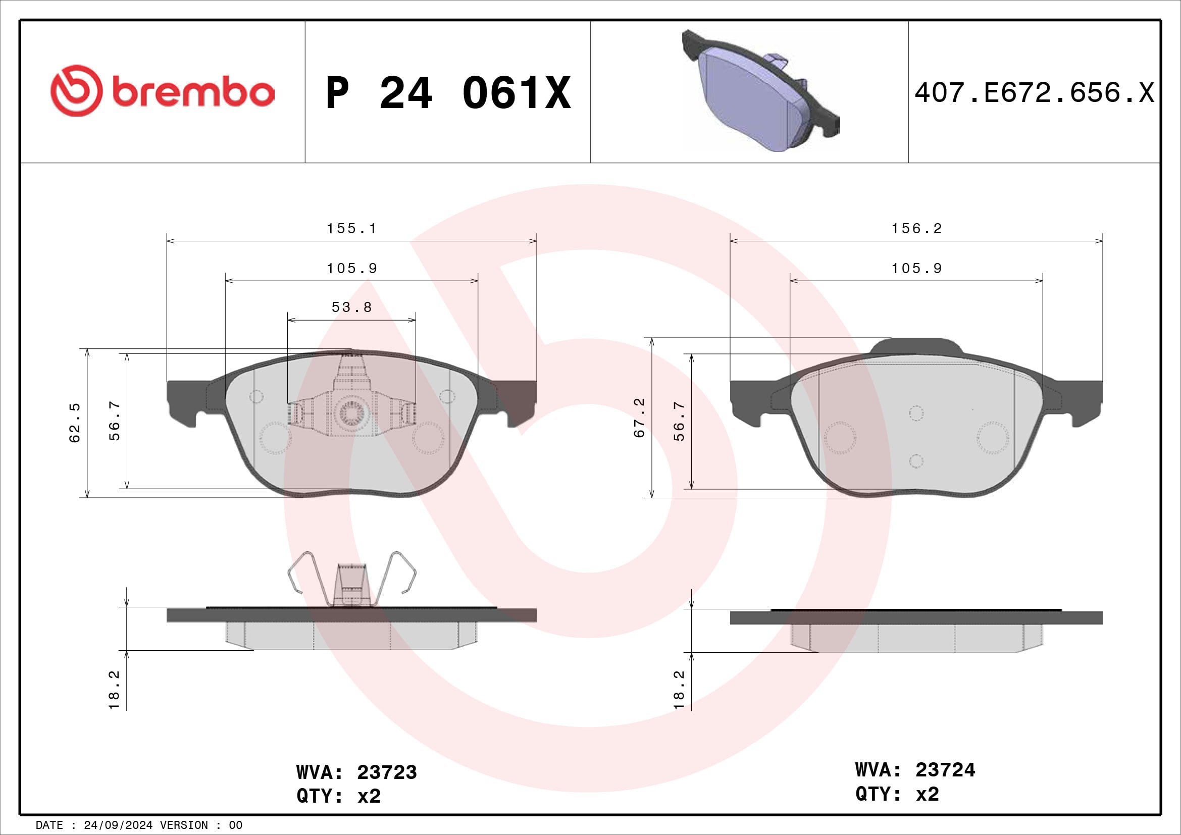 Jogo de 4 pastilhas de travão BREMBO ref. P 24 061X