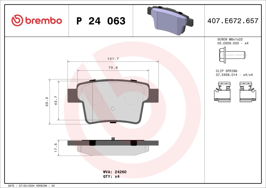 Jogo de 4 pastilhas de travão BREMBO ref. P 24 063