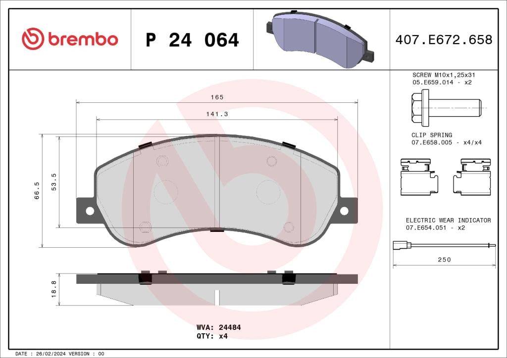 Jogo de 4 pastilhas de travão BREMBO ref. P 24 064