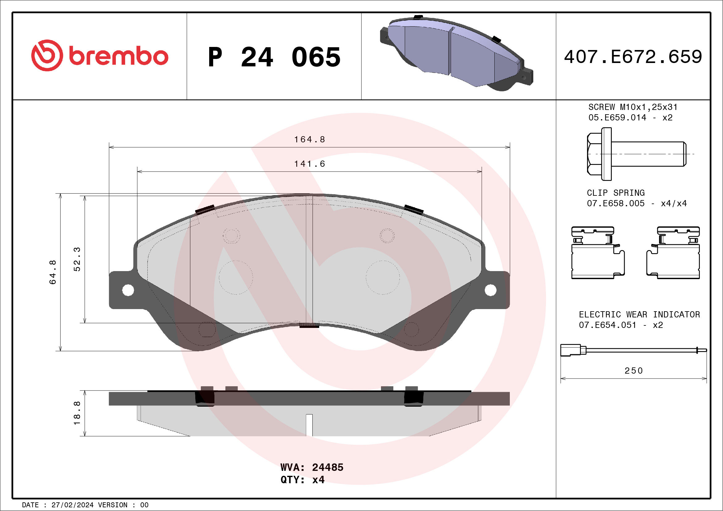 Jogo de 4 pastilhas de travão BREMBO ref. P 24 065