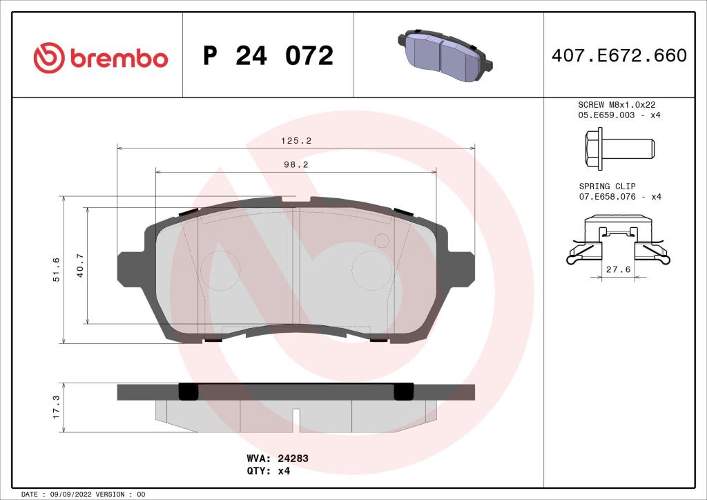 Jeu de 4 plaquettes de frein BREMBO ref. P 24 072