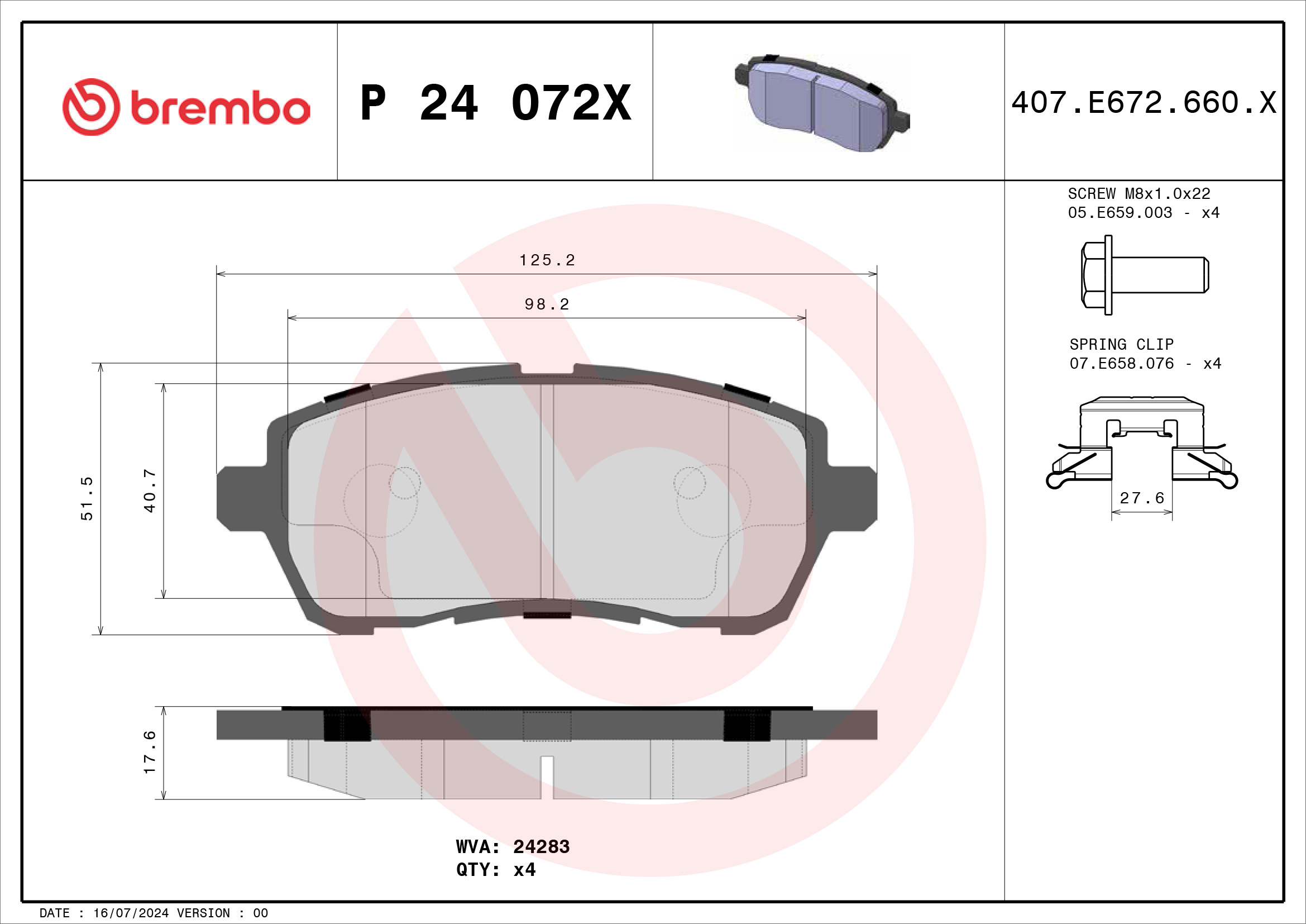 Jogo de 4 pastilhas de travão BREMBO ref. P 24 072X
