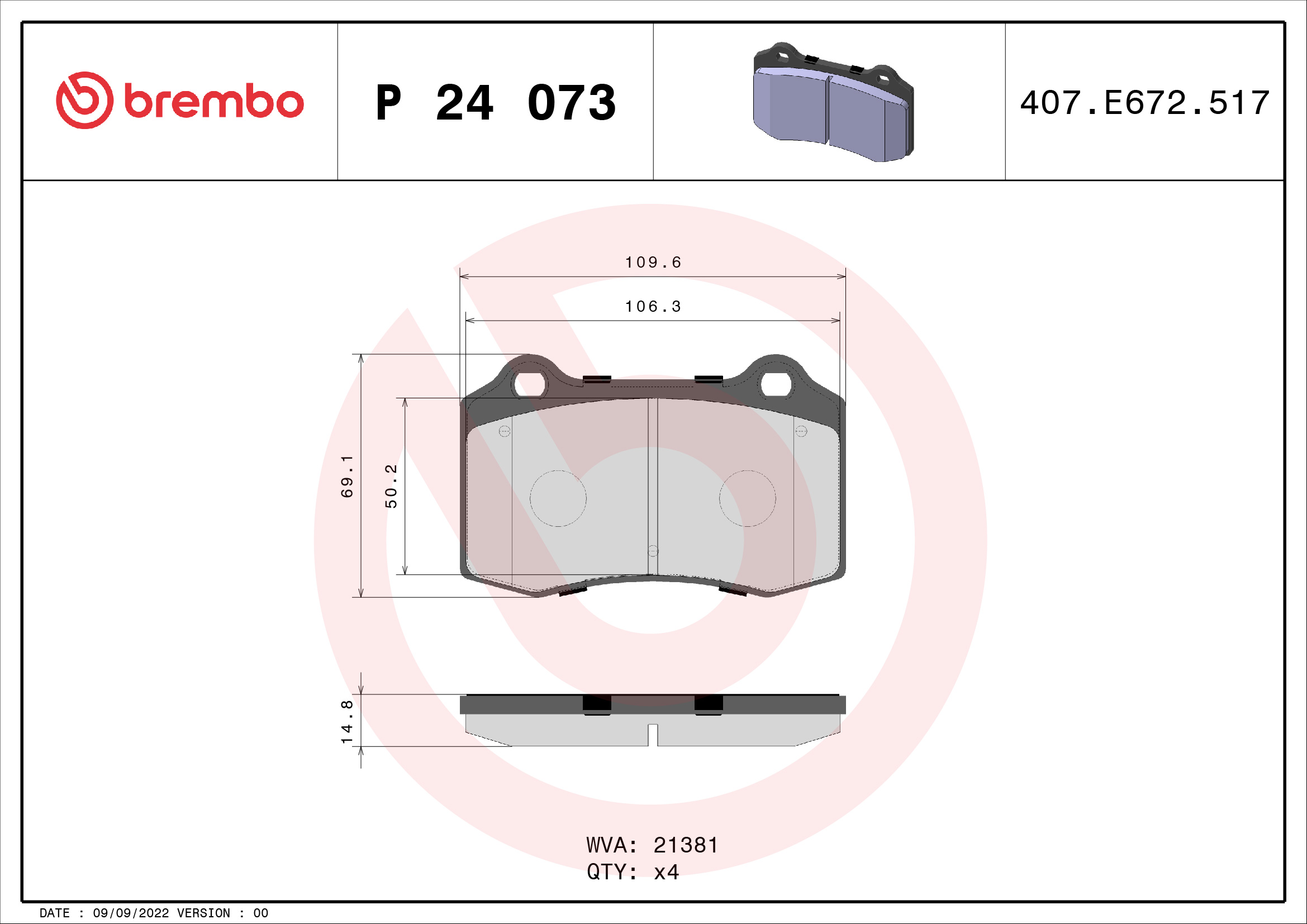 Jogo de 4 pastilhas de travão BREMBO ref. P 24 073