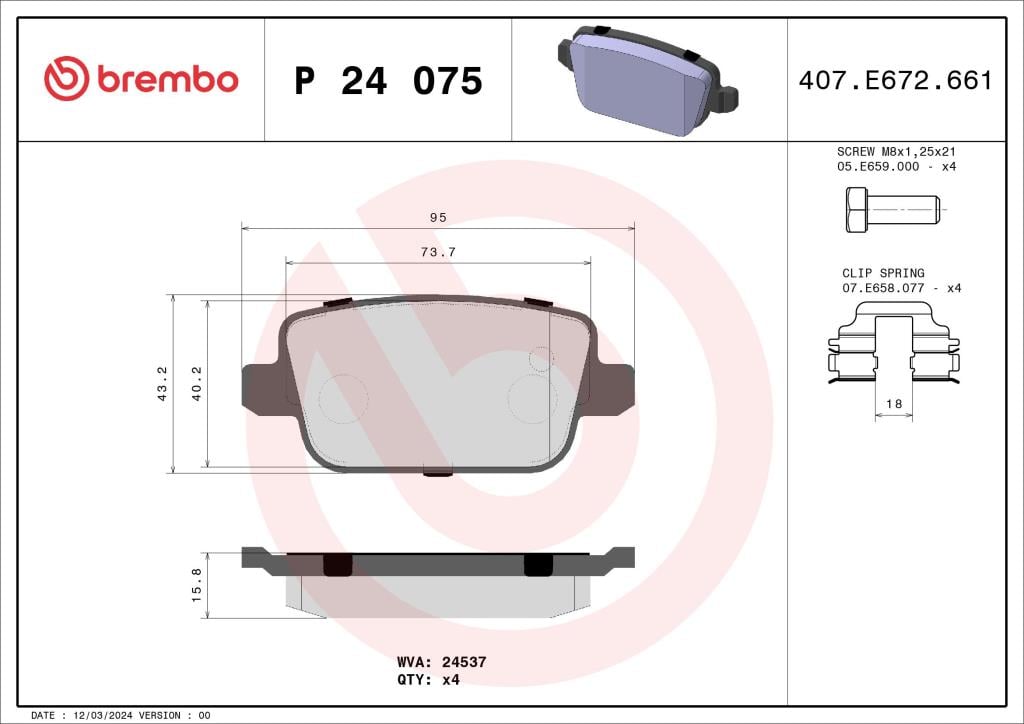 Jogo de 4 pastilhas de travão BREMBO ref. P 24 075