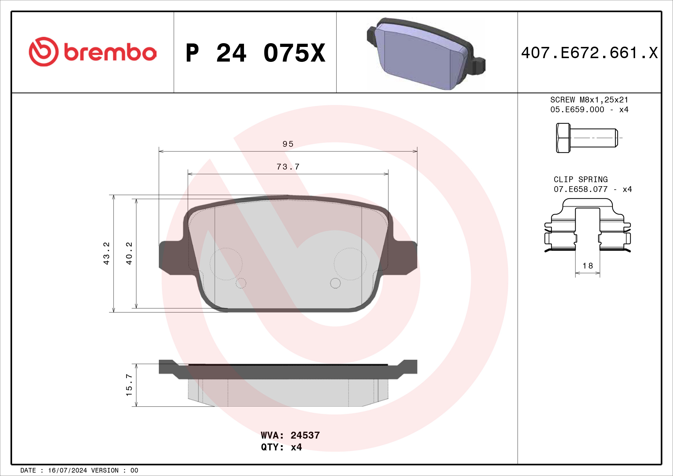 Jogo de 4 pastilhas de travão BREMBO ref. P 24 075X