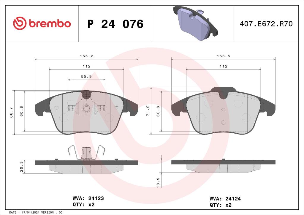 Jeu de 4 plaquettes de frein BREMBO ref. P 24 076