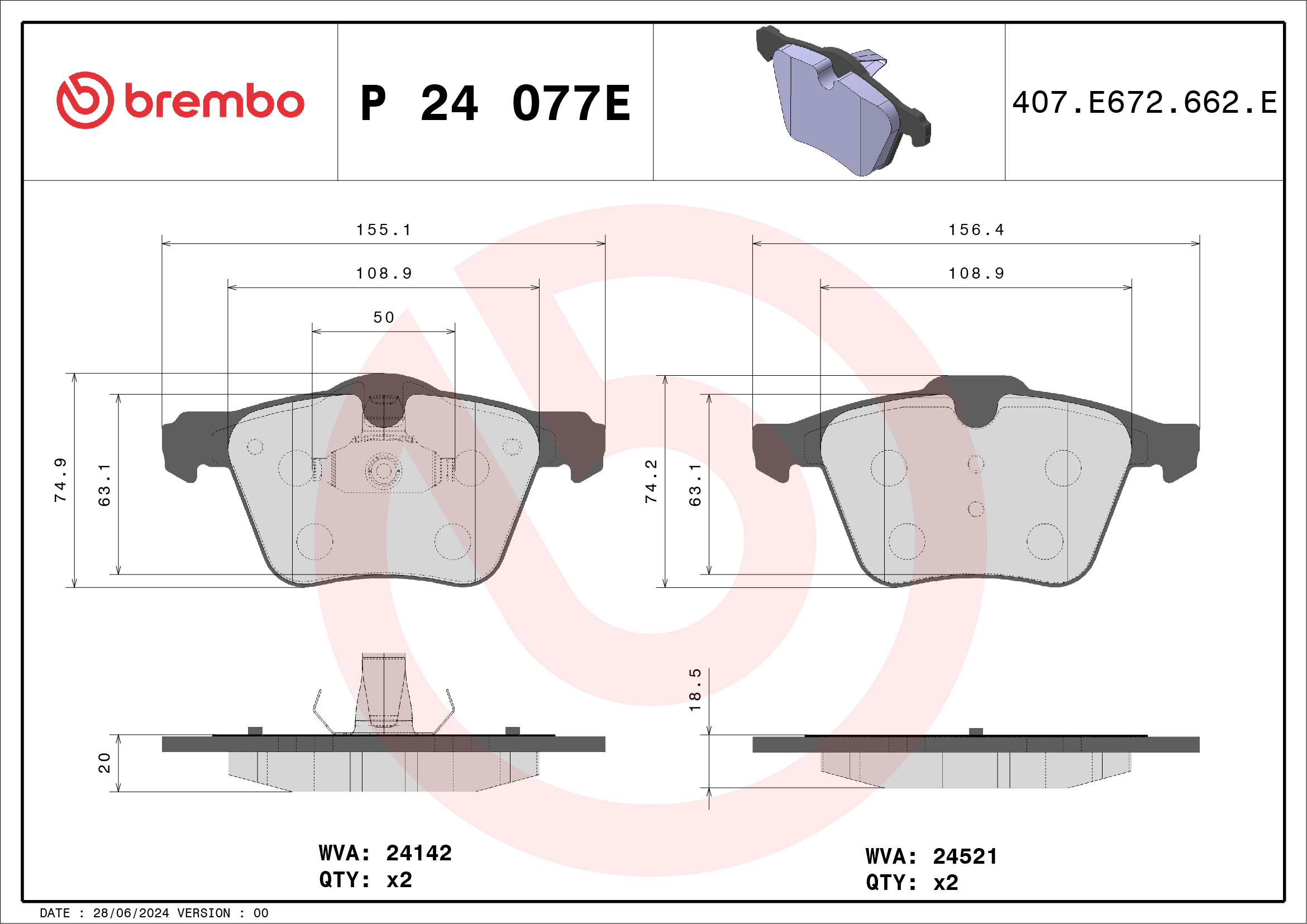 Jeu de 4 plaquettes de frein BREMBO ref. P 24 077E