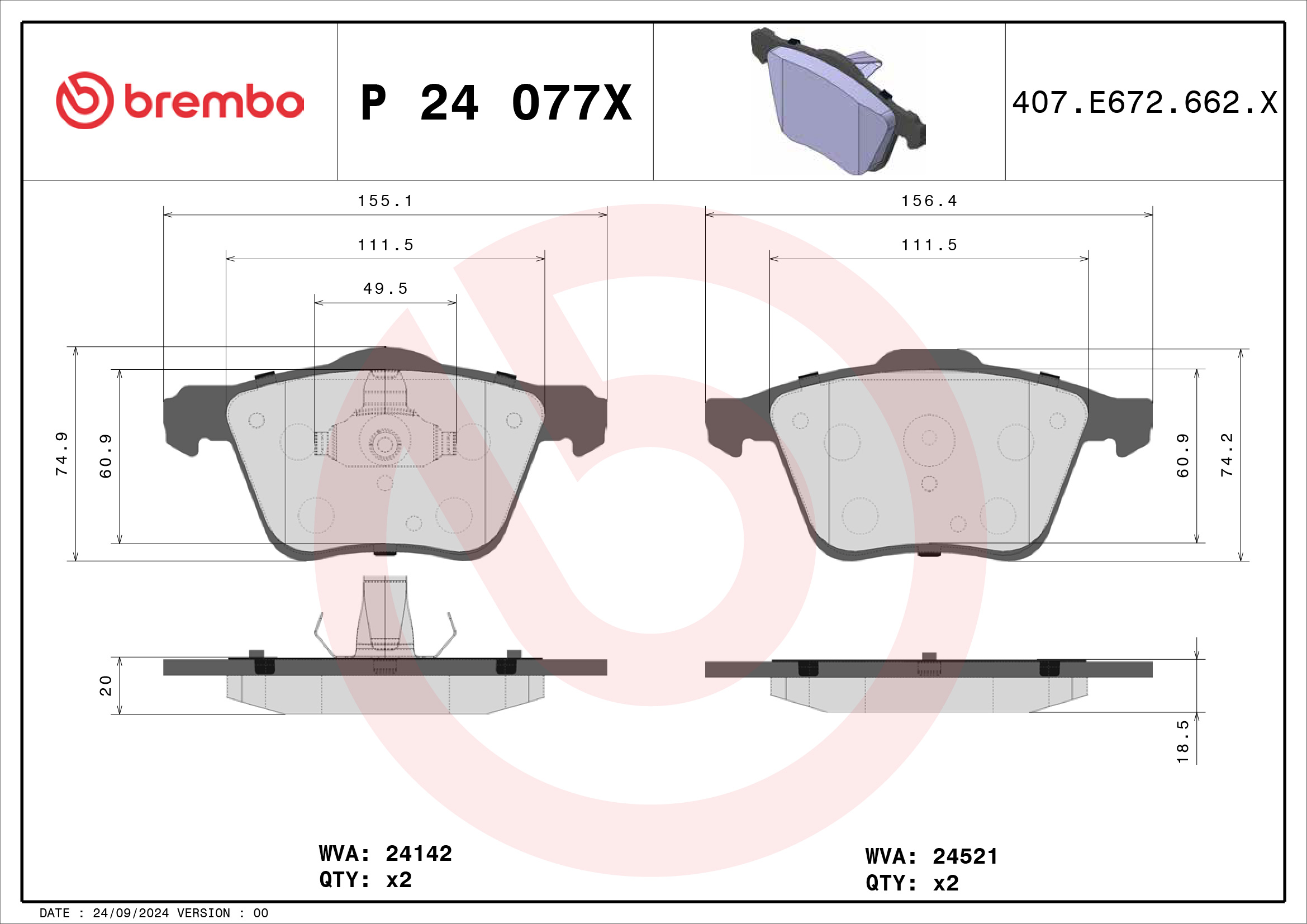 Jogo de 4 pastilhas de travão BREMBO ref. P 24 077X