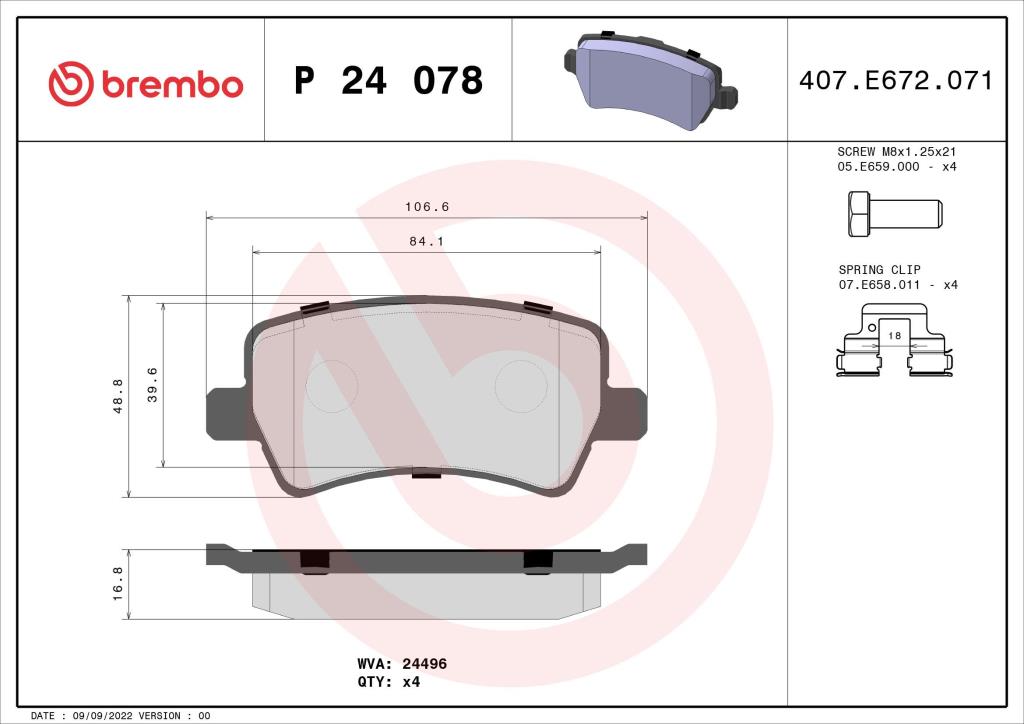 Jogo de 4 pastilhas de travão BREMBO ref. P 24 078