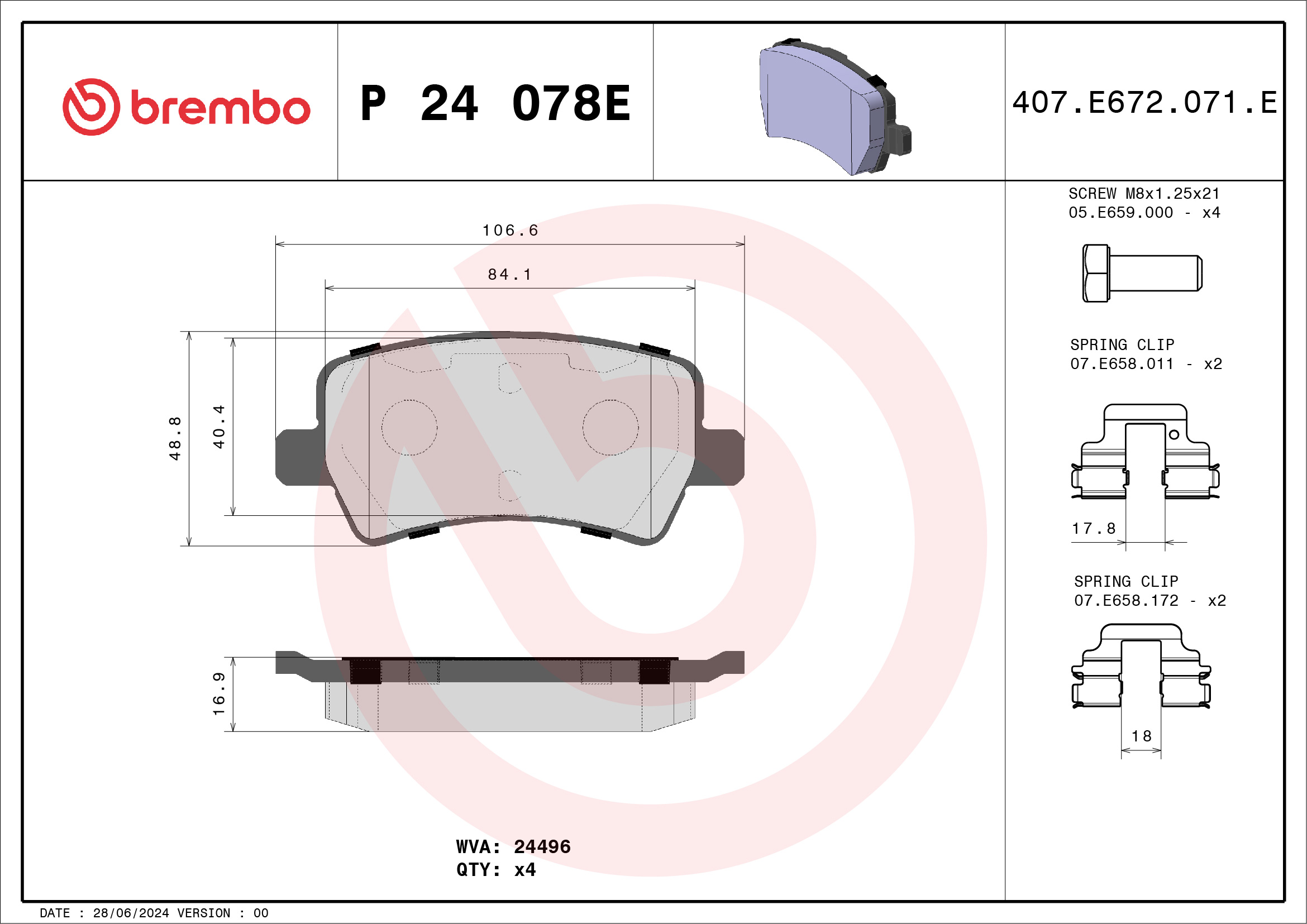 Jeu de 4 plaquettes de frein BREMBO ref. P 24 078E