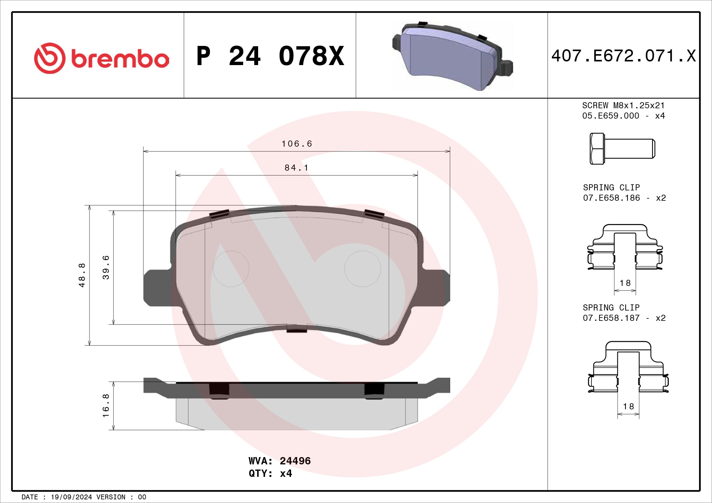 Jogo de 4 pastilhas de travão BREMBO ref. P 24 078X