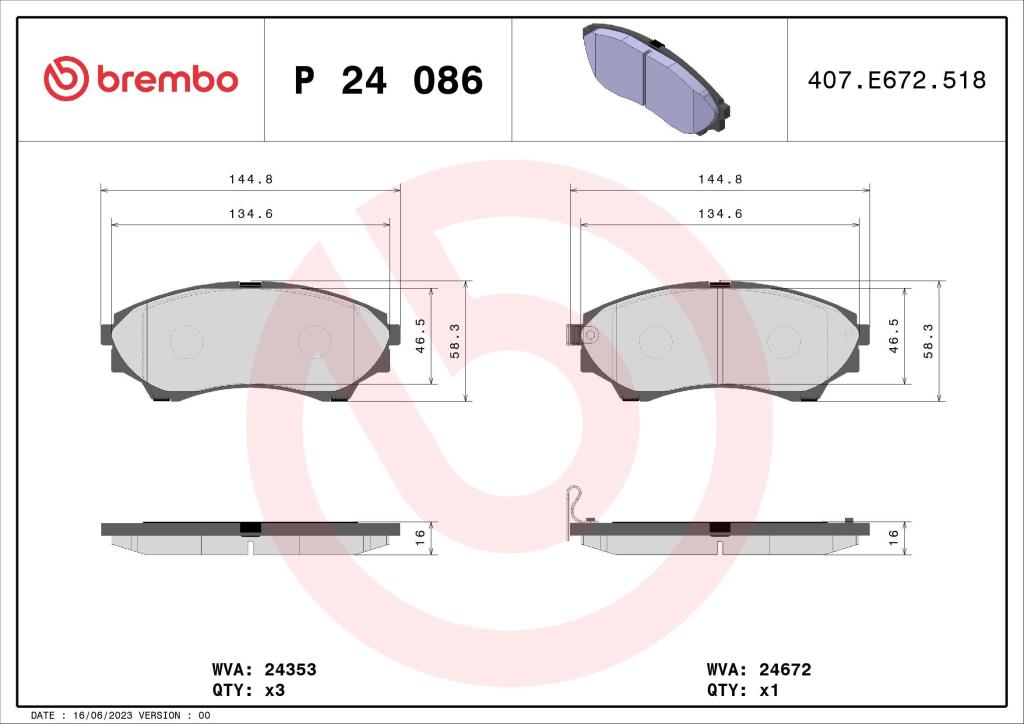 Jogo de 4 pastilhas de travão BREMBO ref. P 24 086