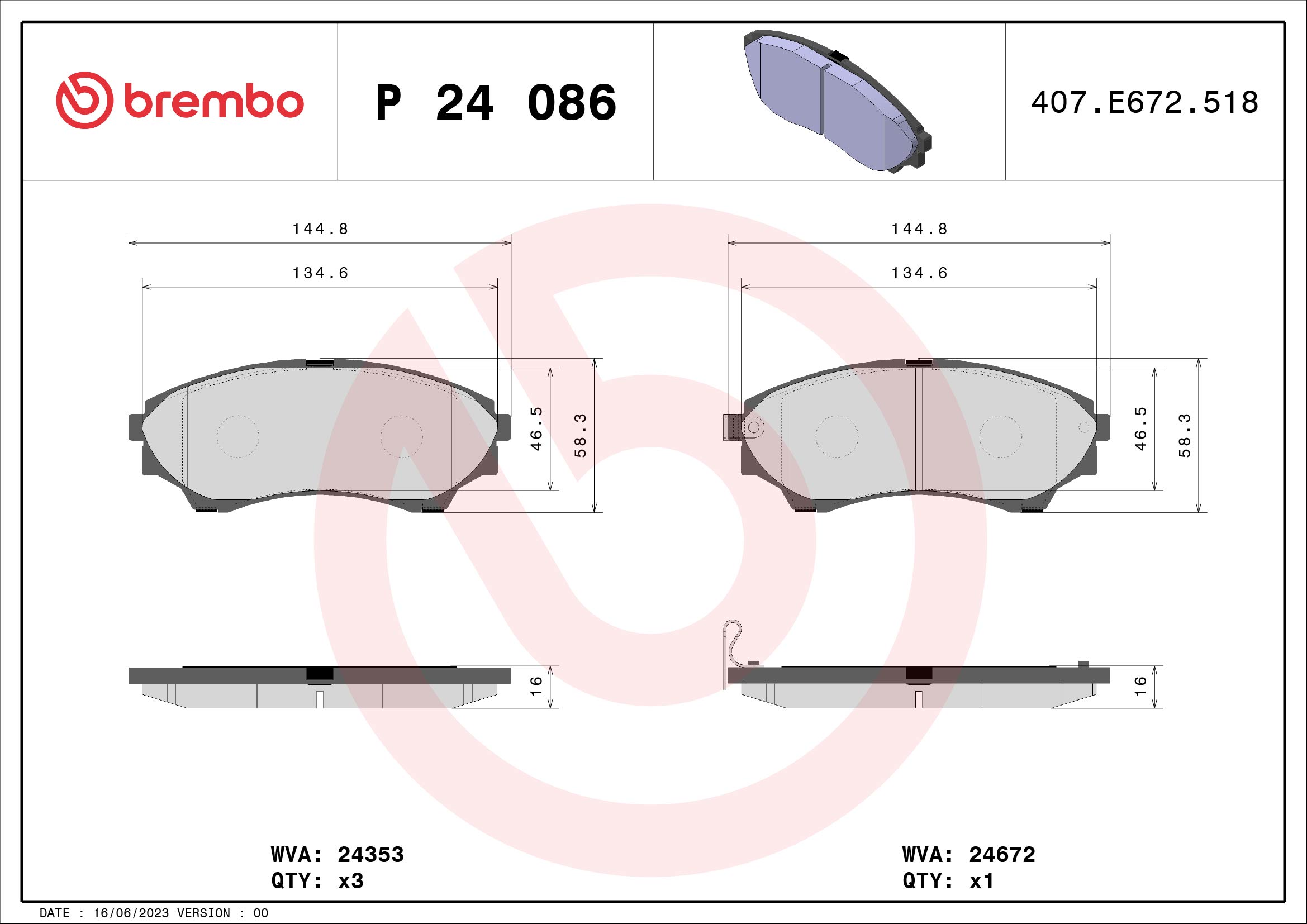 Jogo de 4 pastilhas de travão BREMBO ref. P 24 086