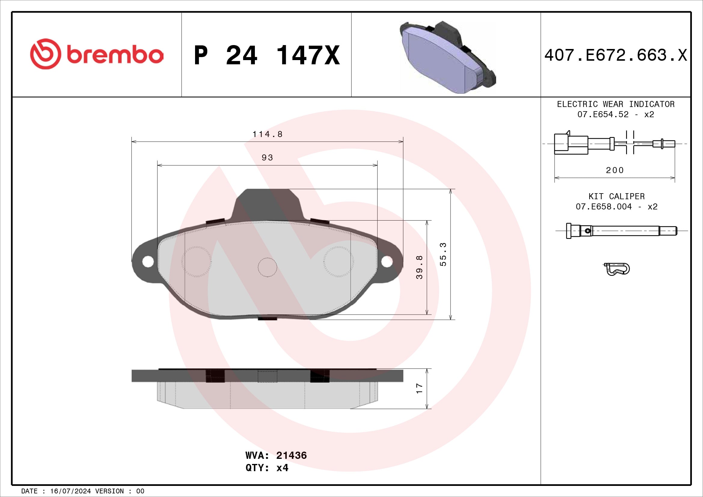 Jogo de 4 pastilhas de travão BREMBO ref. P 24 147X