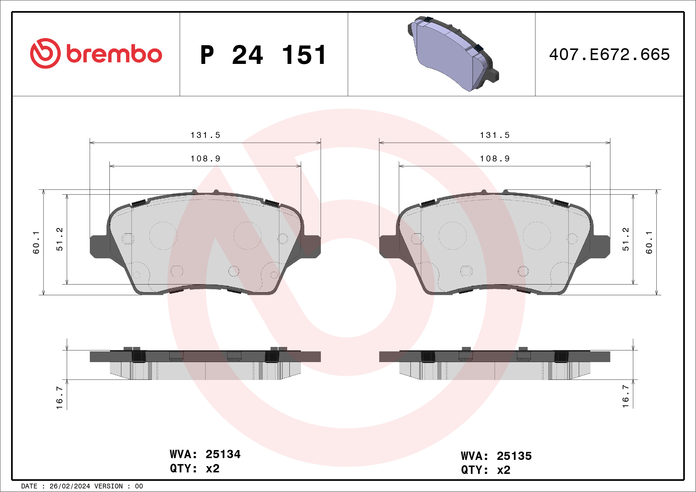 Jogo de 4 pastilhas de travão BREMBO ref. P 24 151