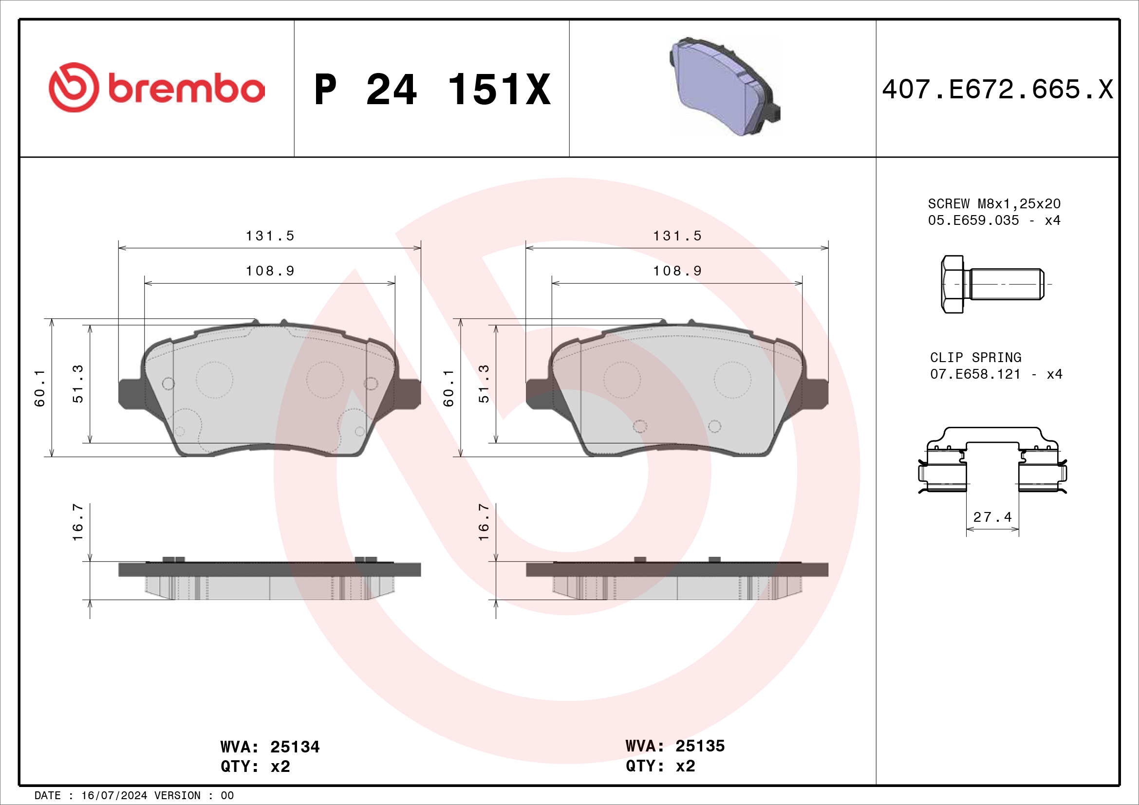 Jogo de 4 pastilhas de travão BREMBO ref. P 24 151X