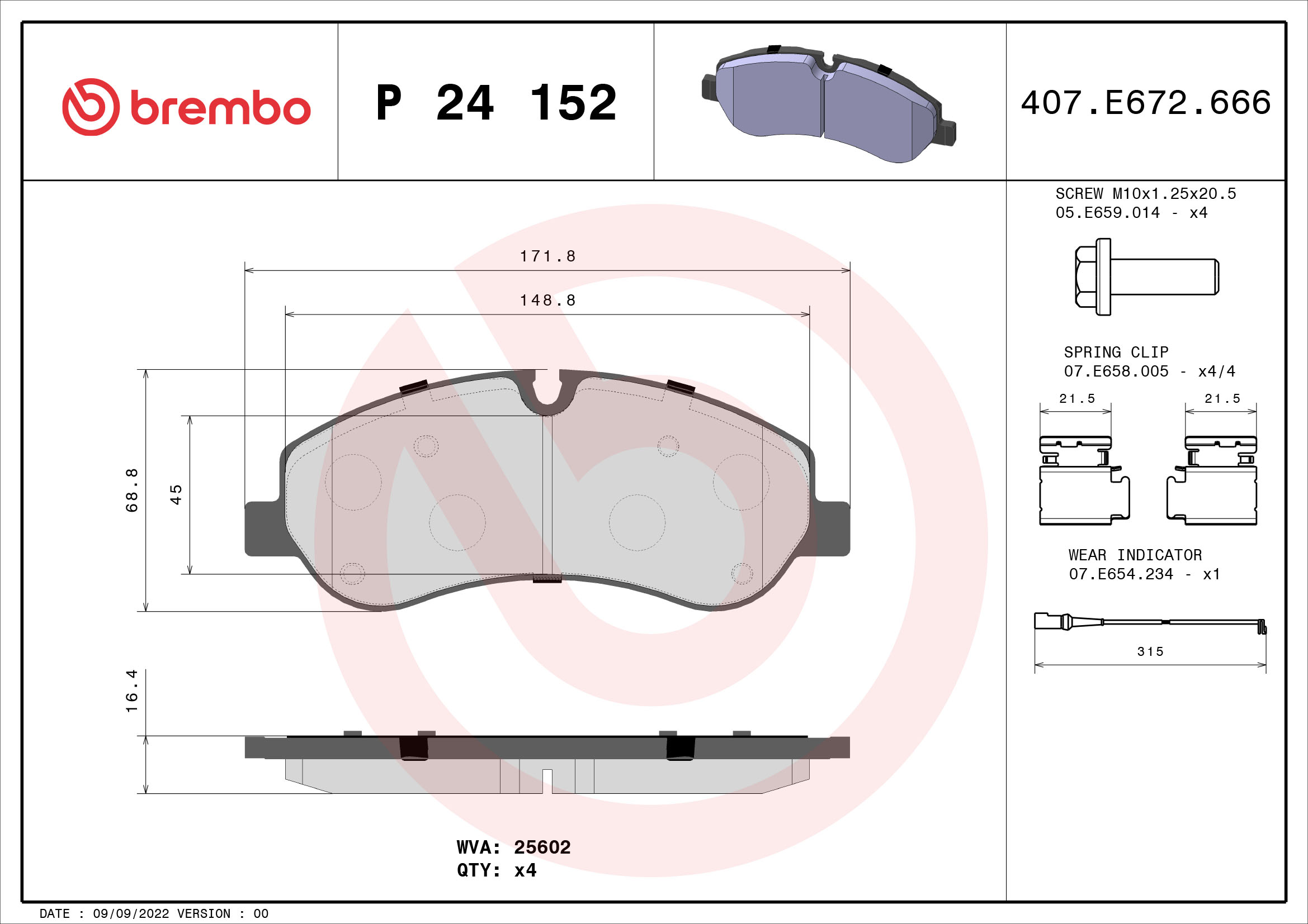 Jogo de 4 pastilhas de travão BREMBO ref. P 24 152