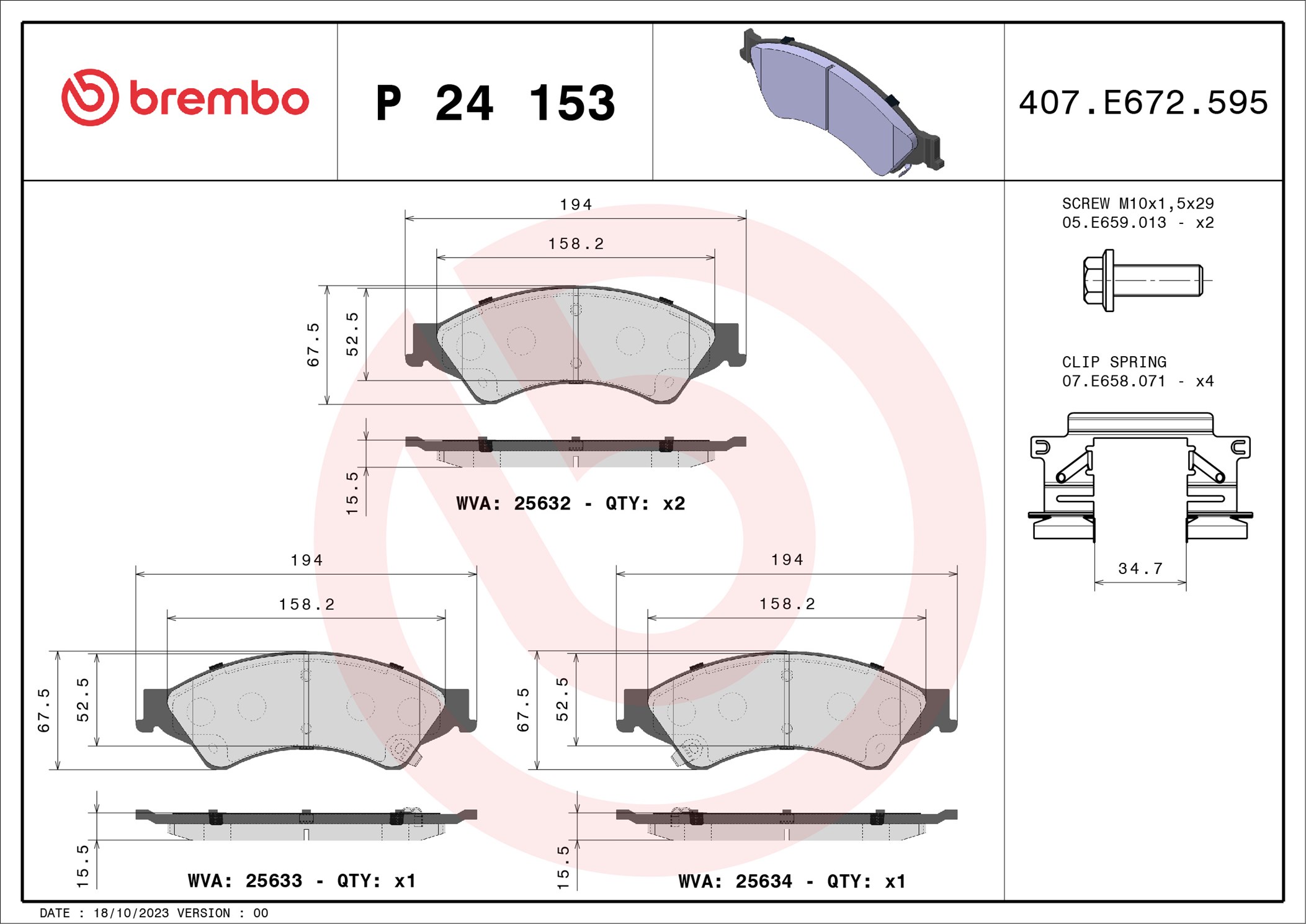 Jogo de 4 pastilhas de travão BREMBO ref. P 24 153