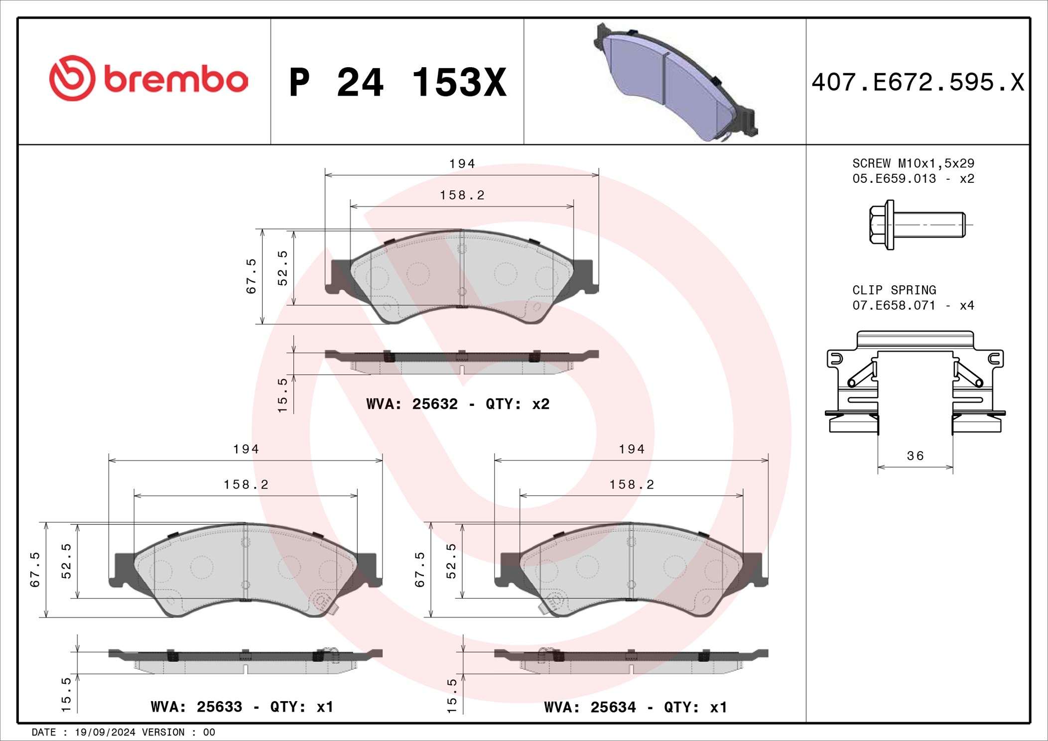Jogo de 4 pastilhas de travão BREMBO ref. P 24 153X