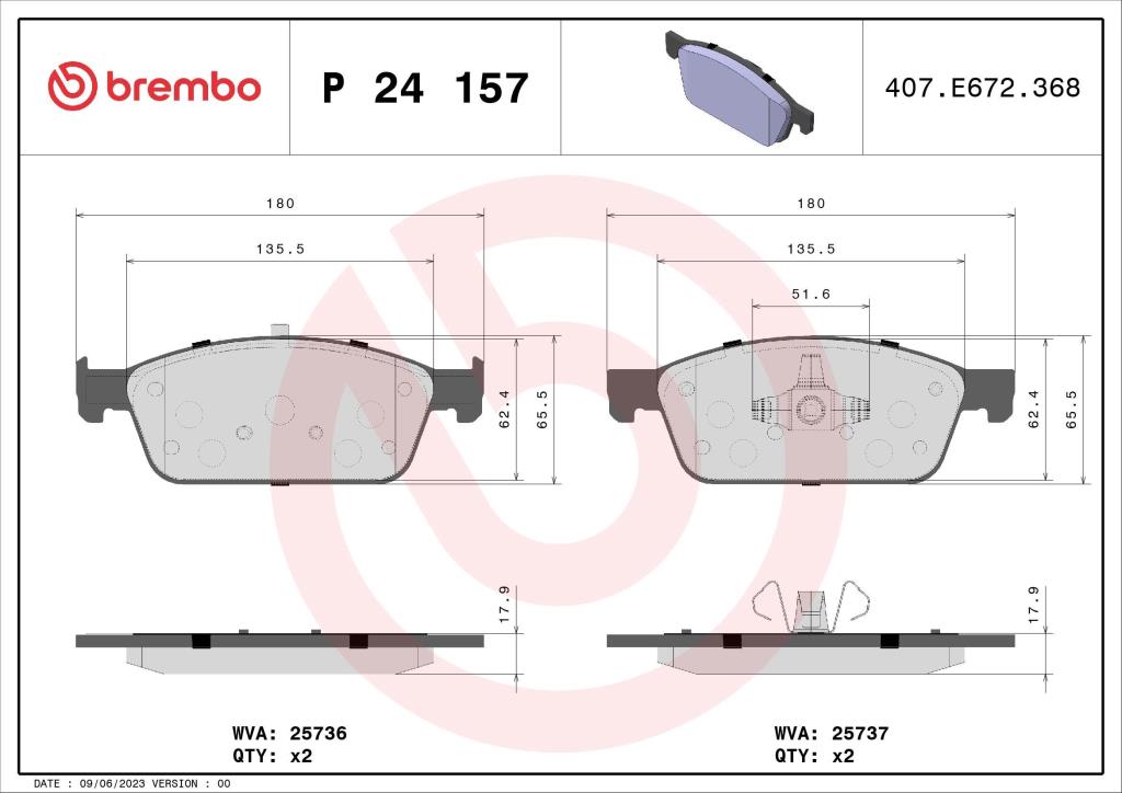 Jogo de 4 pastilhas de travão BREMBO ref. P 24 157
