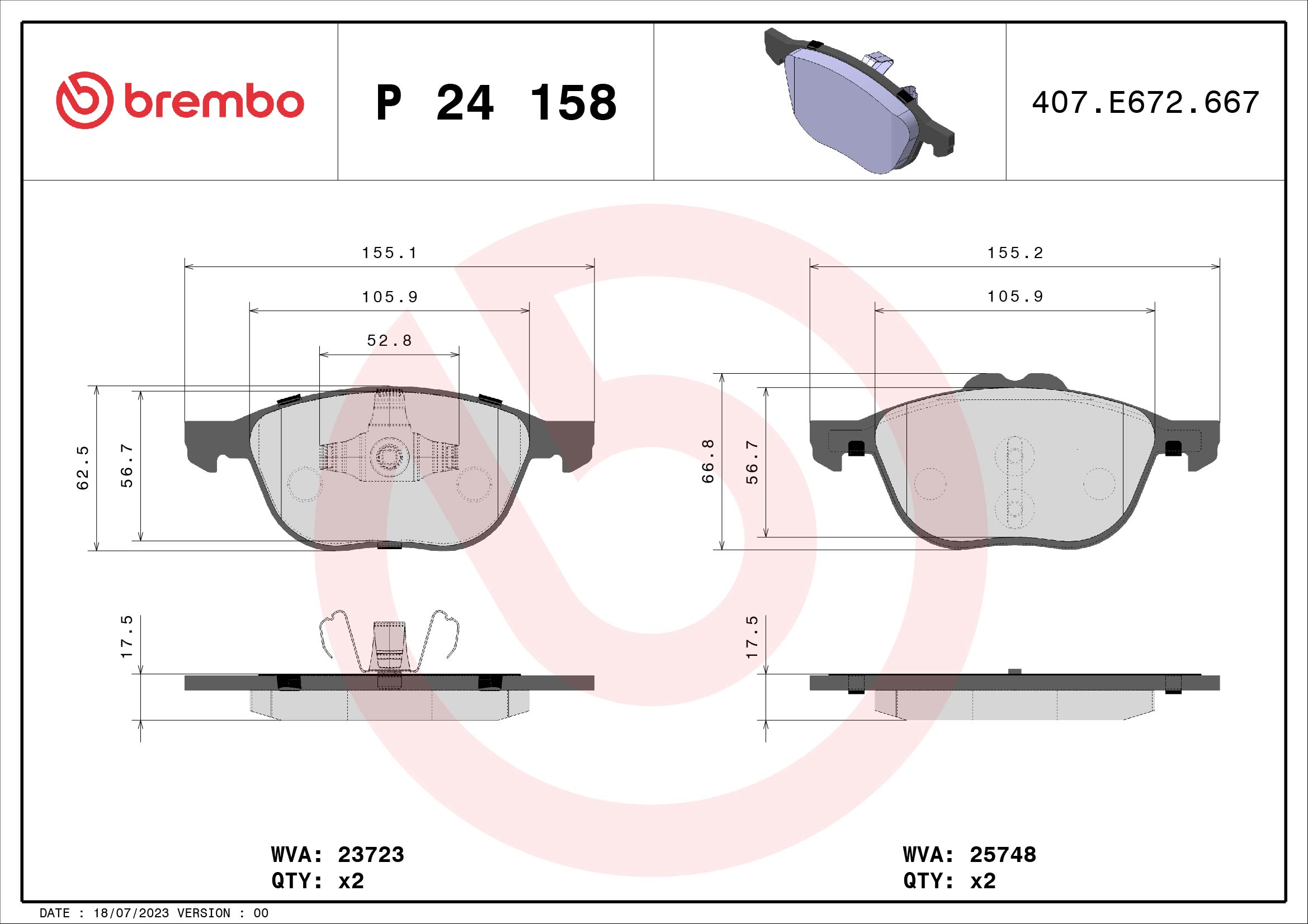 Jogo de 4 pastilhas de travão BREMBO ref. P 24 158