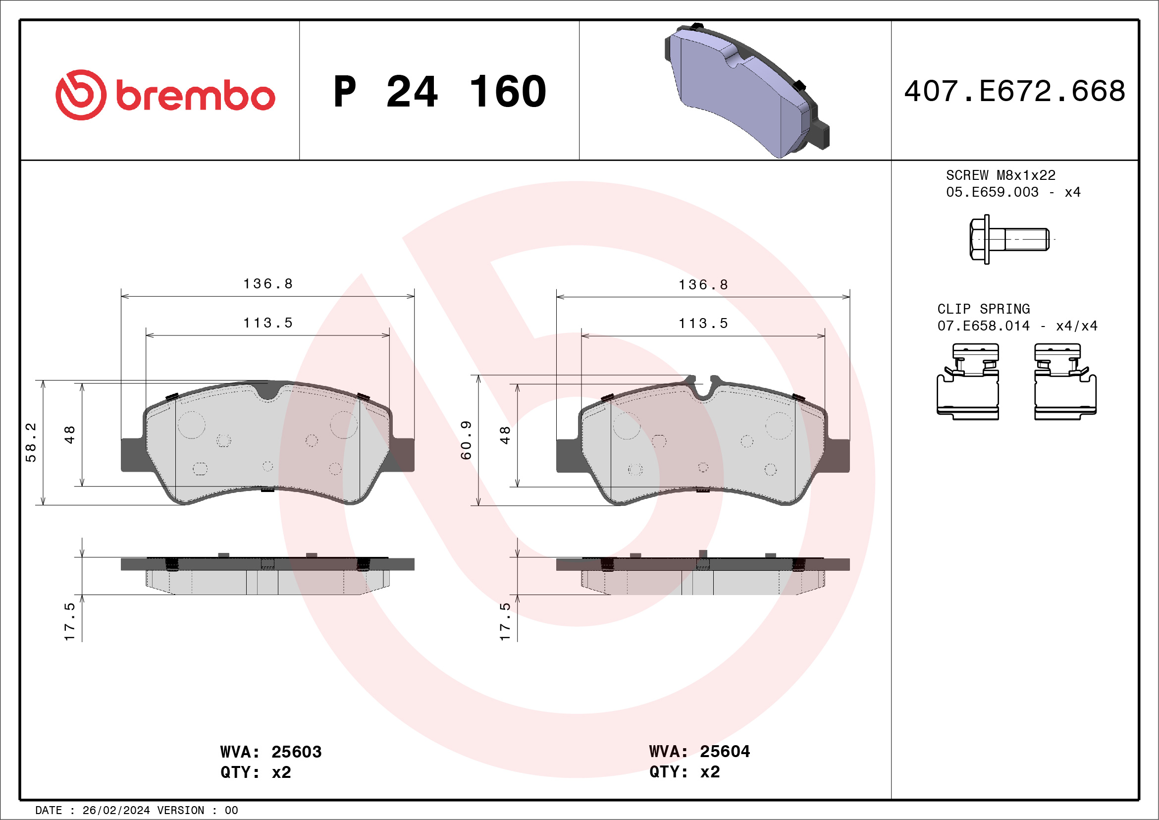 Jogo de 4 pastilhas de travão BREMBO ref. P 24 160
