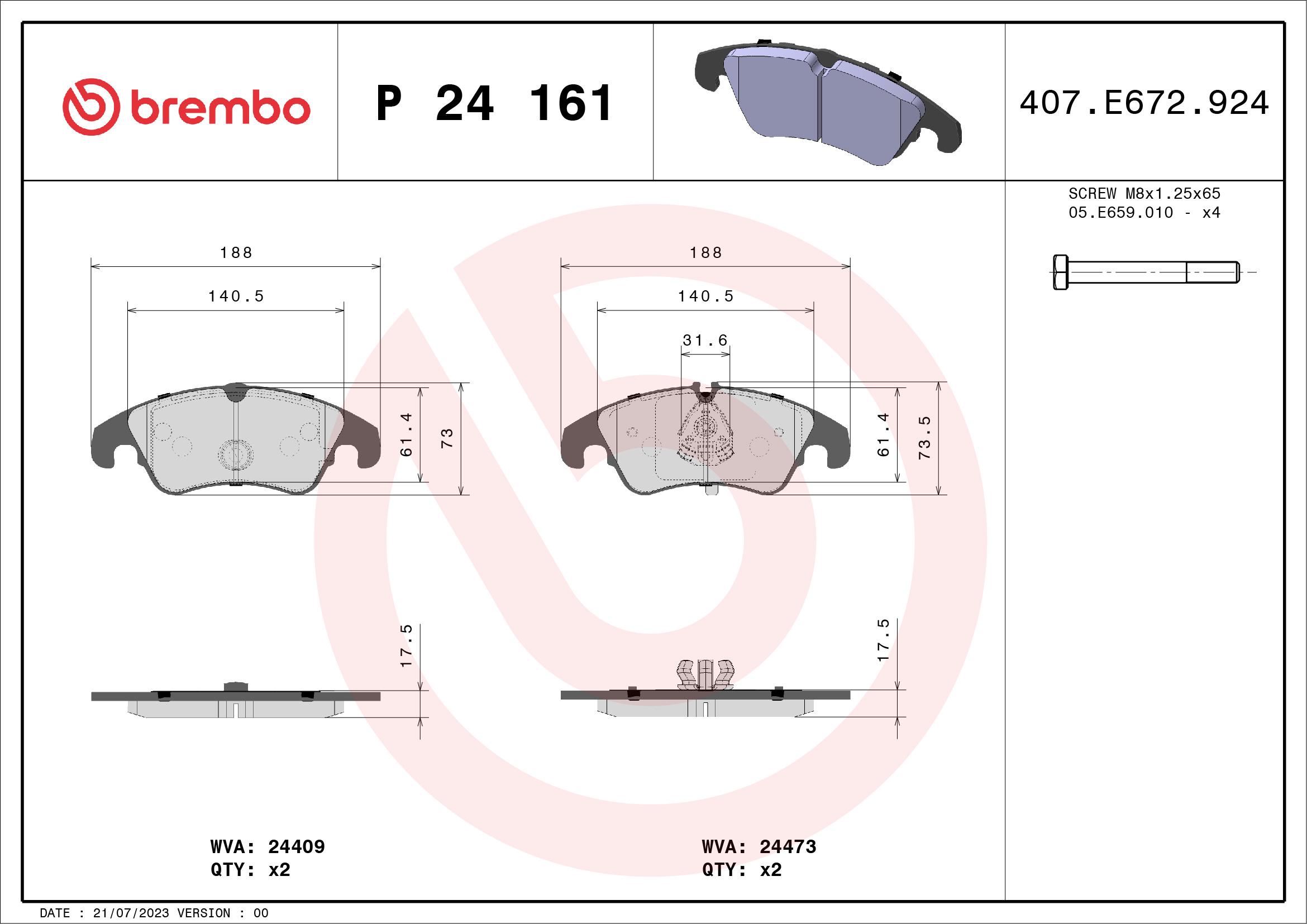 Jogo de 4 pastilhas de travão BREMBO ref. P 24 161