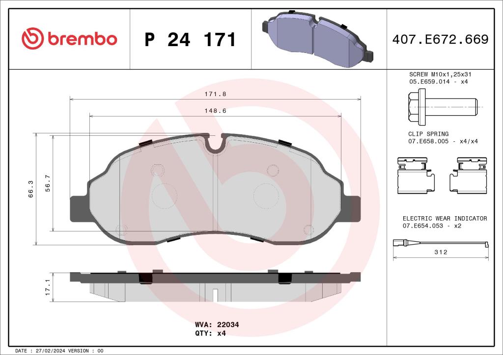 Jogo de 4 pastilhas de travão BREMBO ref. P 24 171