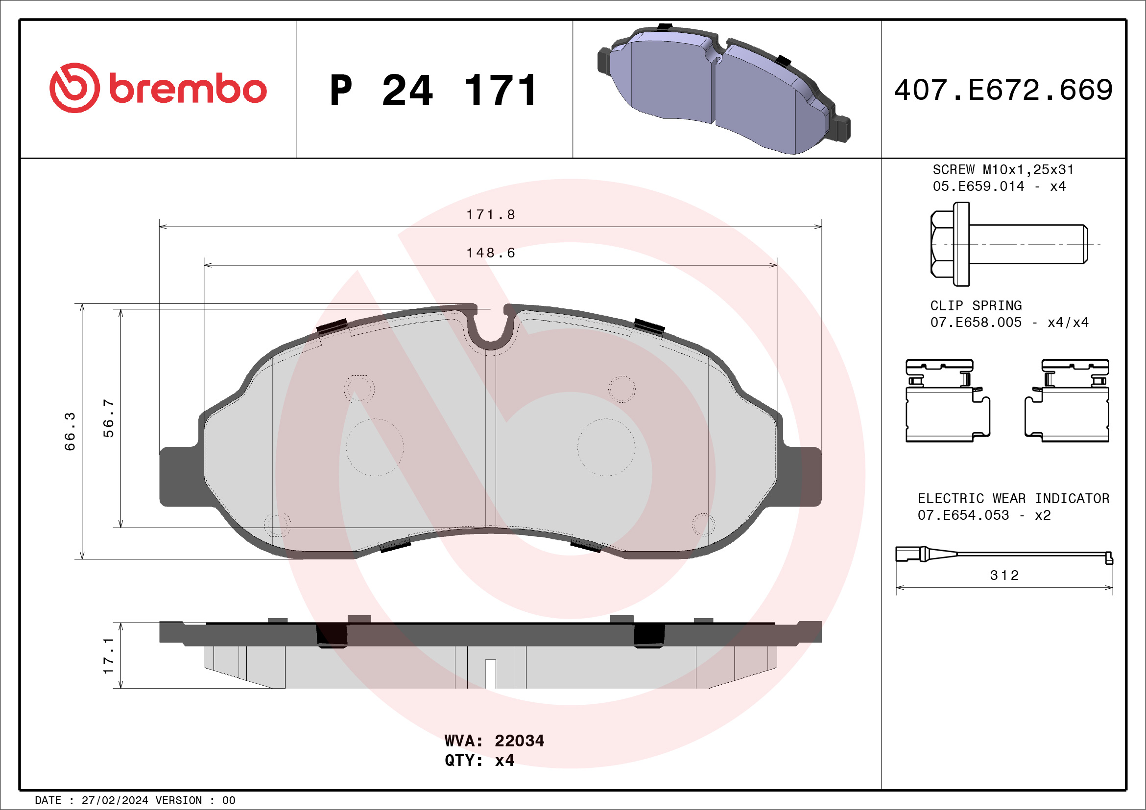 Jogo de 4 pastilhas de travão BREMBO ref. P 24 171