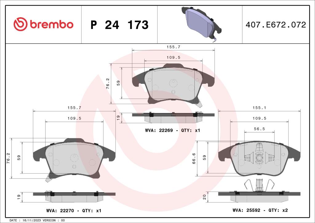 Jogo de 4 pastilhas de travão BREMBO ref. P 24 173
