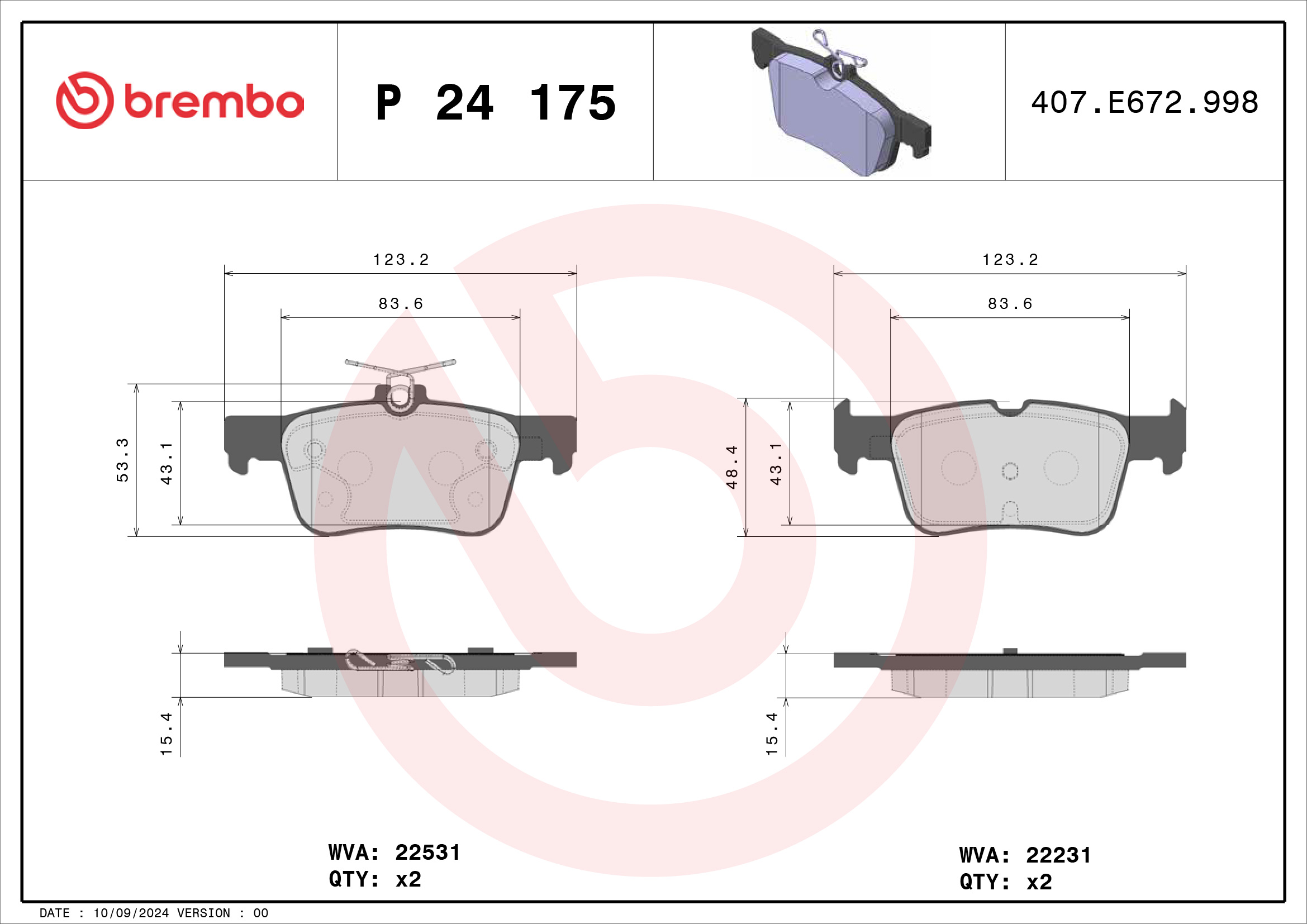 Jeu de 4 plaquettes de frein BREMBO ref. P 24 175