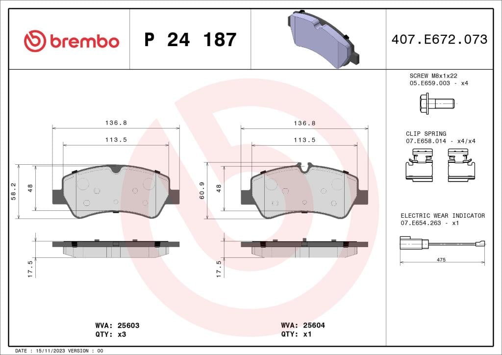 Jogo de 4 pastilhas de travão BREMBO ref. P 24 187