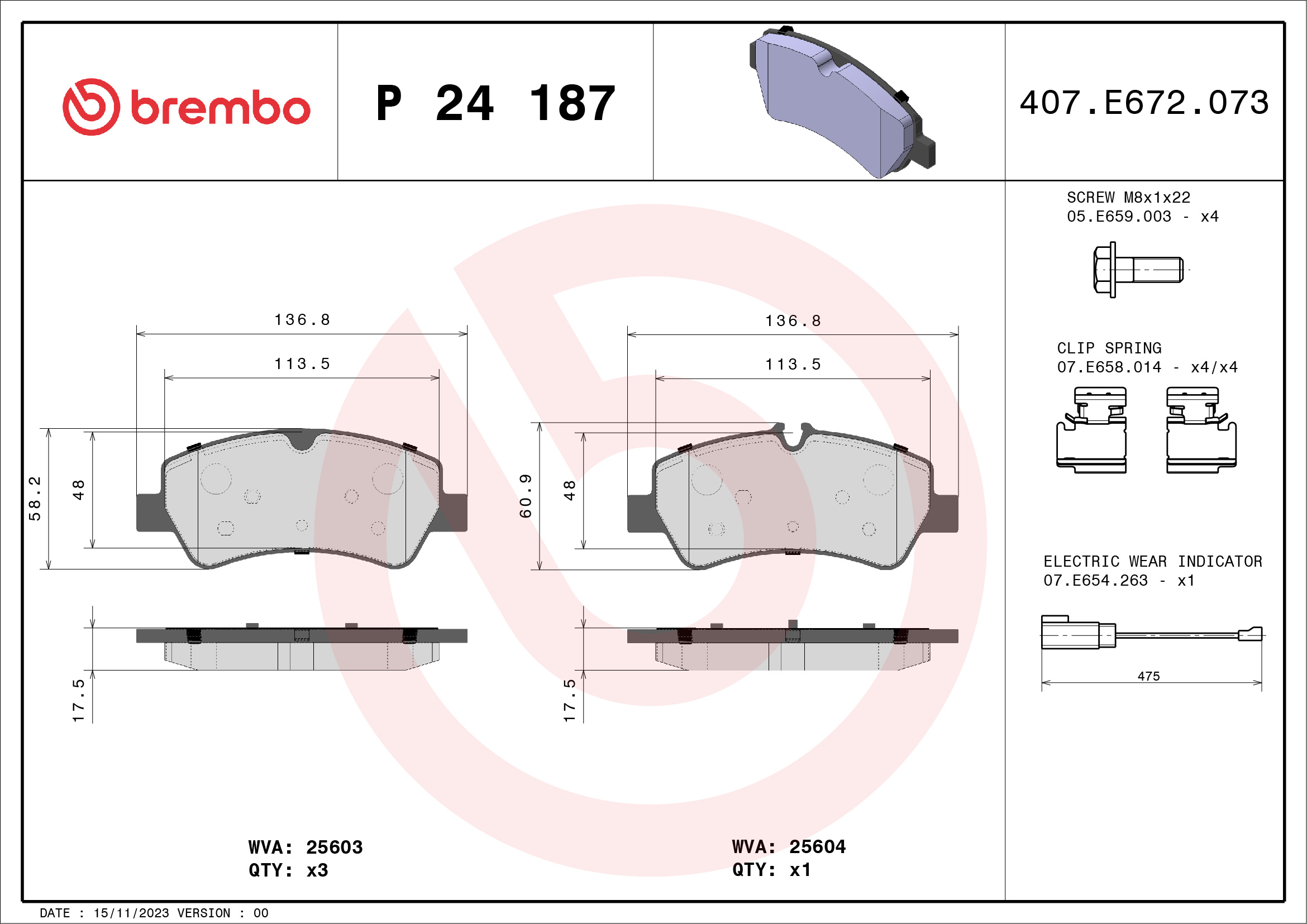 Jogo de 4 pastilhas de travão BREMBO ref. P 24 187