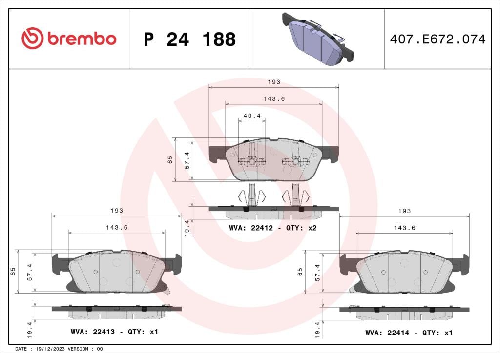 Jogo de 4 pastilhas de travão BREMBO ref. P 24 188