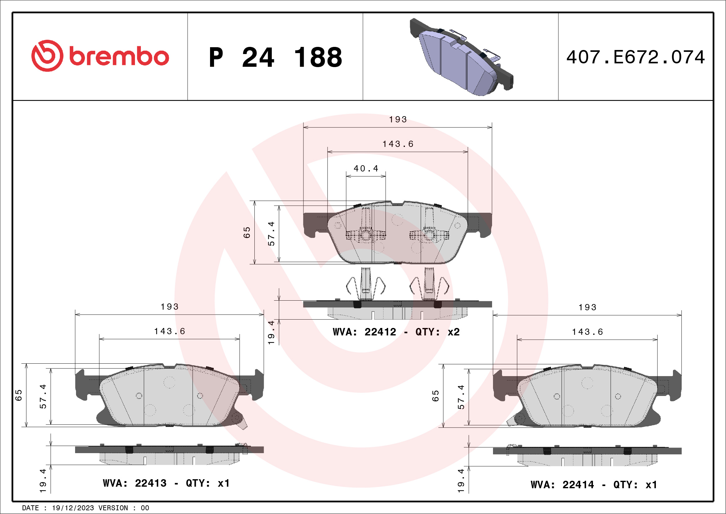 Jogo de 4 pastilhas de travão BREMBO ref. P 24 188