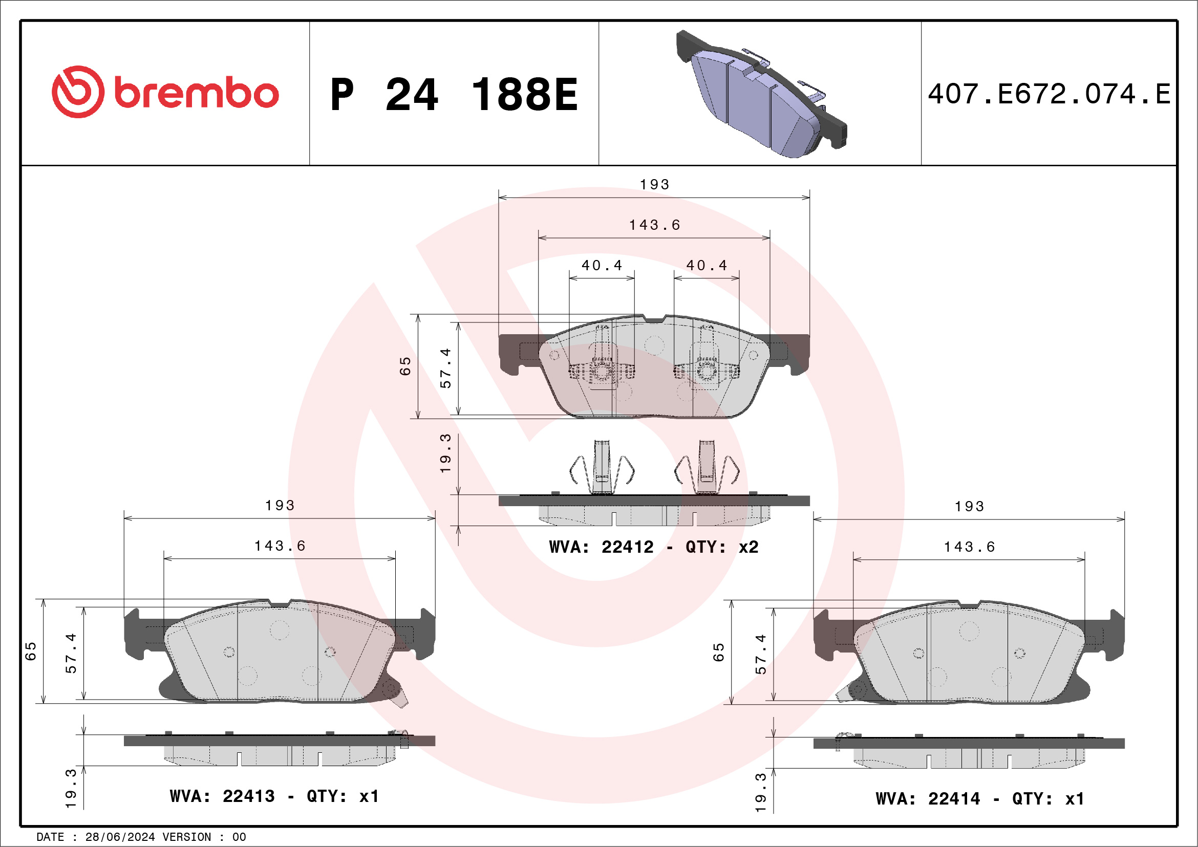 Jogo de 4 pastilhas de travão BREMBO ref. P 24 188E