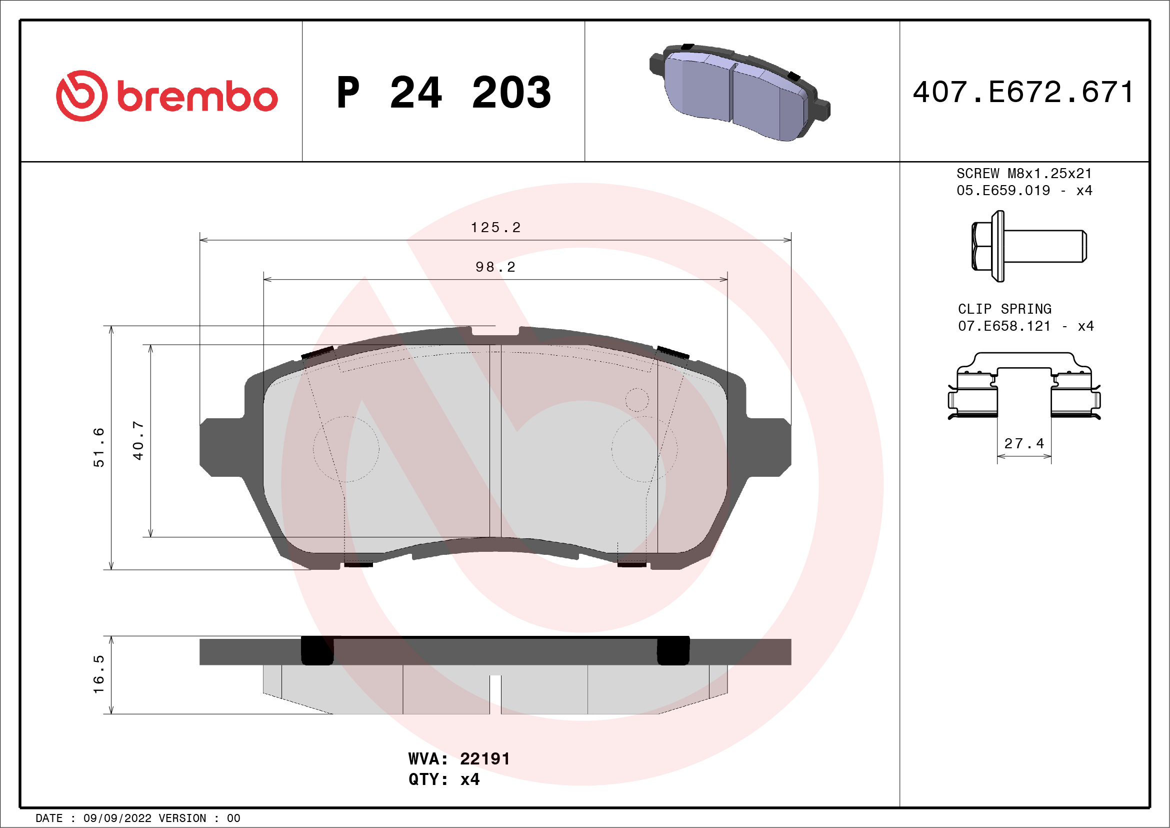 Jeu de 4 plaquettes de frein BREMBO ref. P 24 203