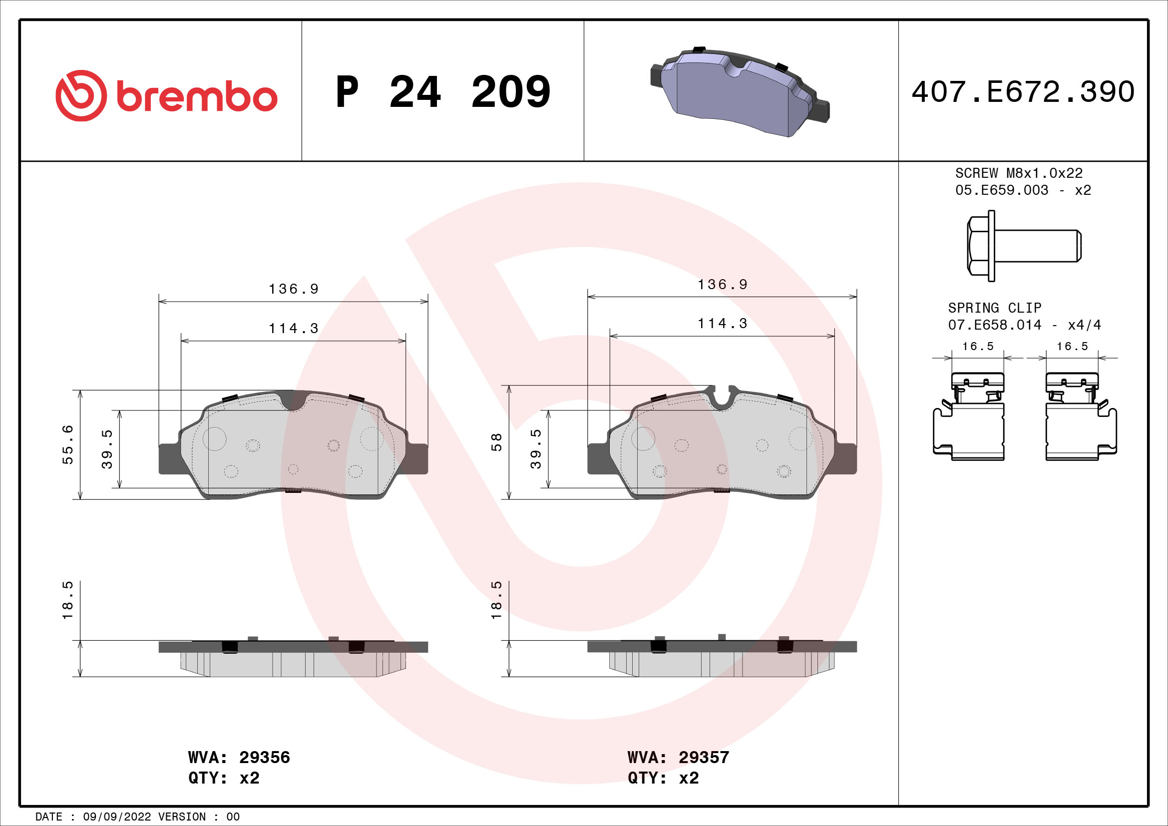 Jogo de 4 pastilhas de travão BREMBO ref. P 24 209