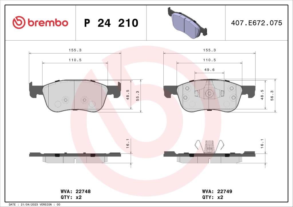 Jogo de 4 pastilhas de travão BREMBO ref. P 24 210